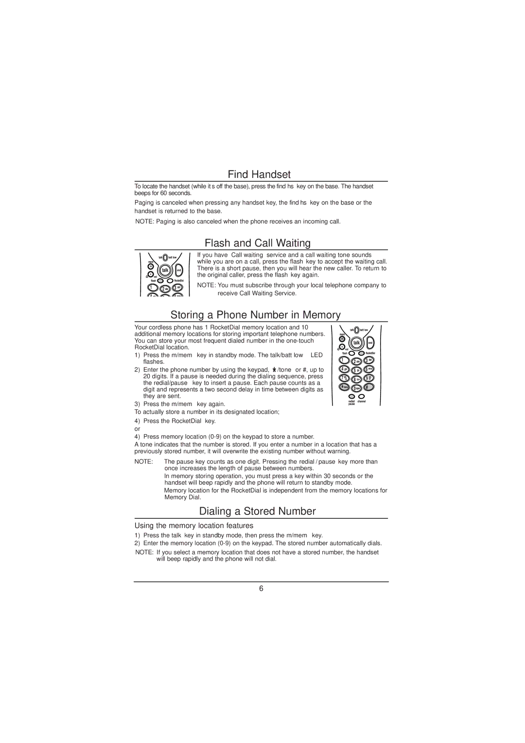 Uniden EXP971 manual Find Handset, Flash and Call Waiting, Storing a Phone Number in Memory, Dialing a Stored Number 