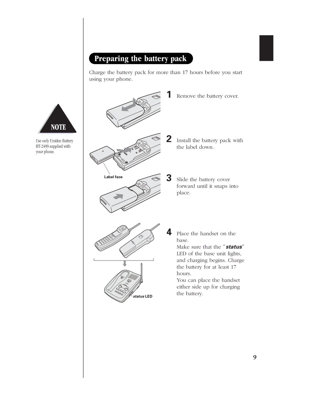 Uniden EXR 2480 manual Preparing the battery pack, Install the battery pack with the label down, Slide the battery cover 