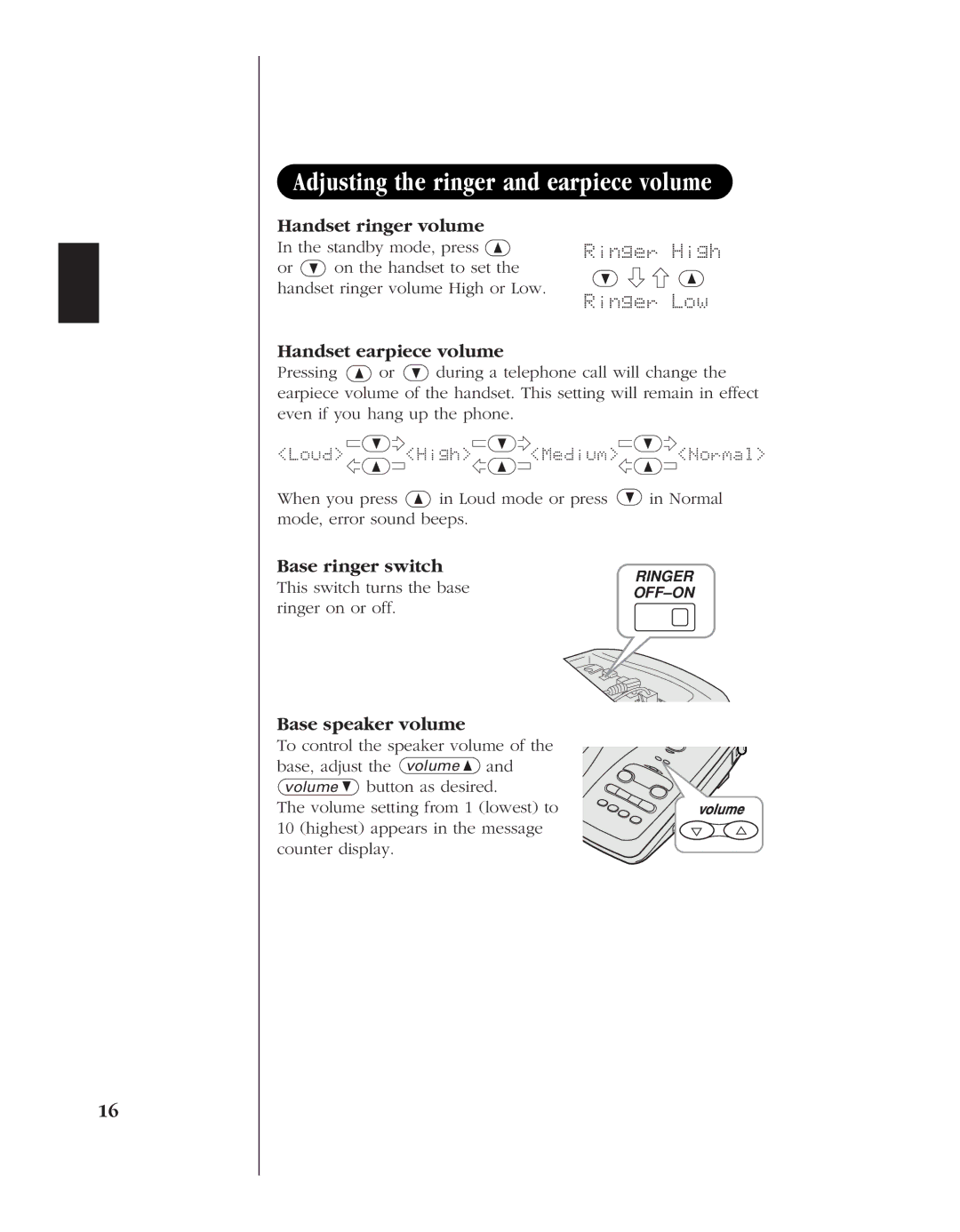 Uniden EXR 2480 manual Adjusting the ringer and earpiece volume, Ringer High, Ringer Low 