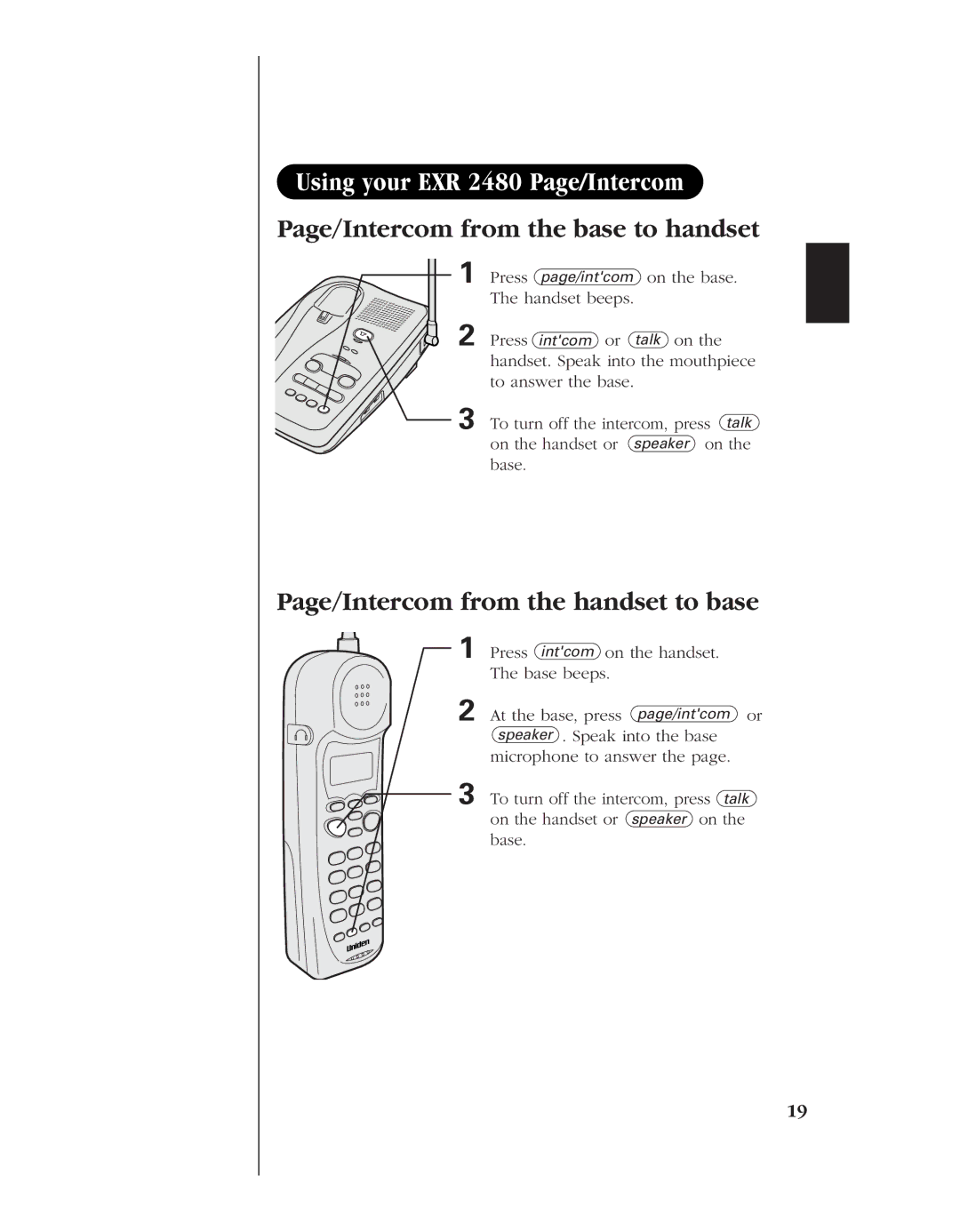 Uniden EXR 2480 manual Page/Intercom from the handset to base 