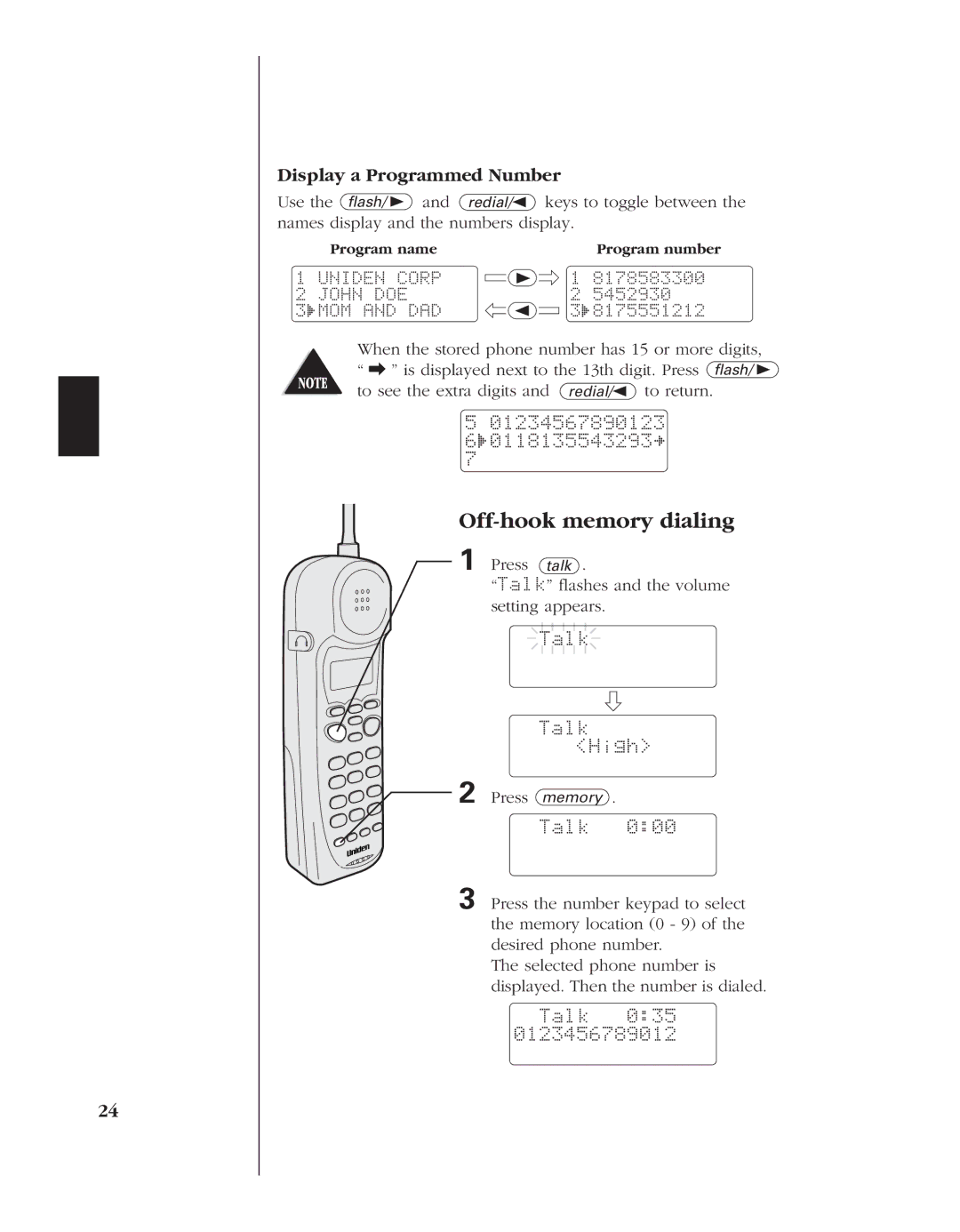 Uniden EXR 2480 manual Off-hook memory dialing, 01234567890123 0118135543293, Talk Talk High, Talk 035 