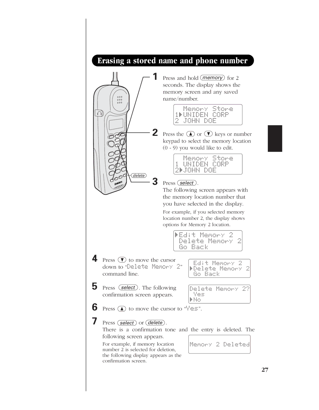 Uniden EXR 2480 manual Erasing a stored name and phone number, Edit Memory, Down to Delete Memory 