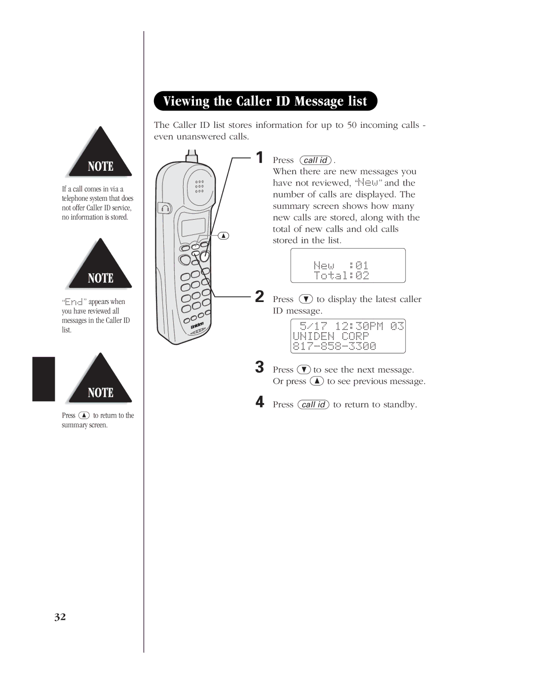 Uniden EXR 2480 manual Viewing the Caller ID Message list, New, Total02, 17 1230PM 