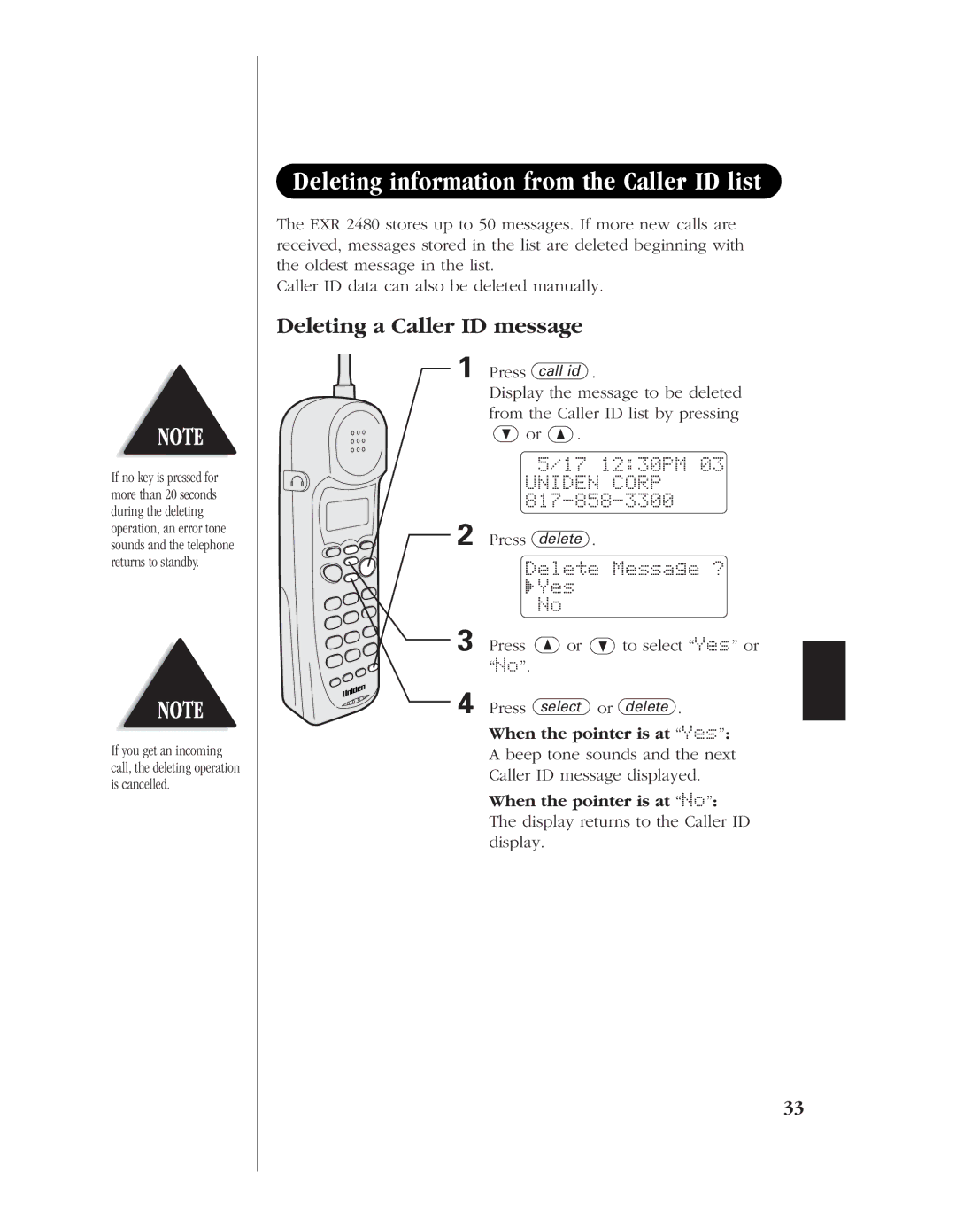 Uniden EXR 2480 Deleting information from the Caller ID list, Deleting a Caller ID message, When the pointer is at Yes 