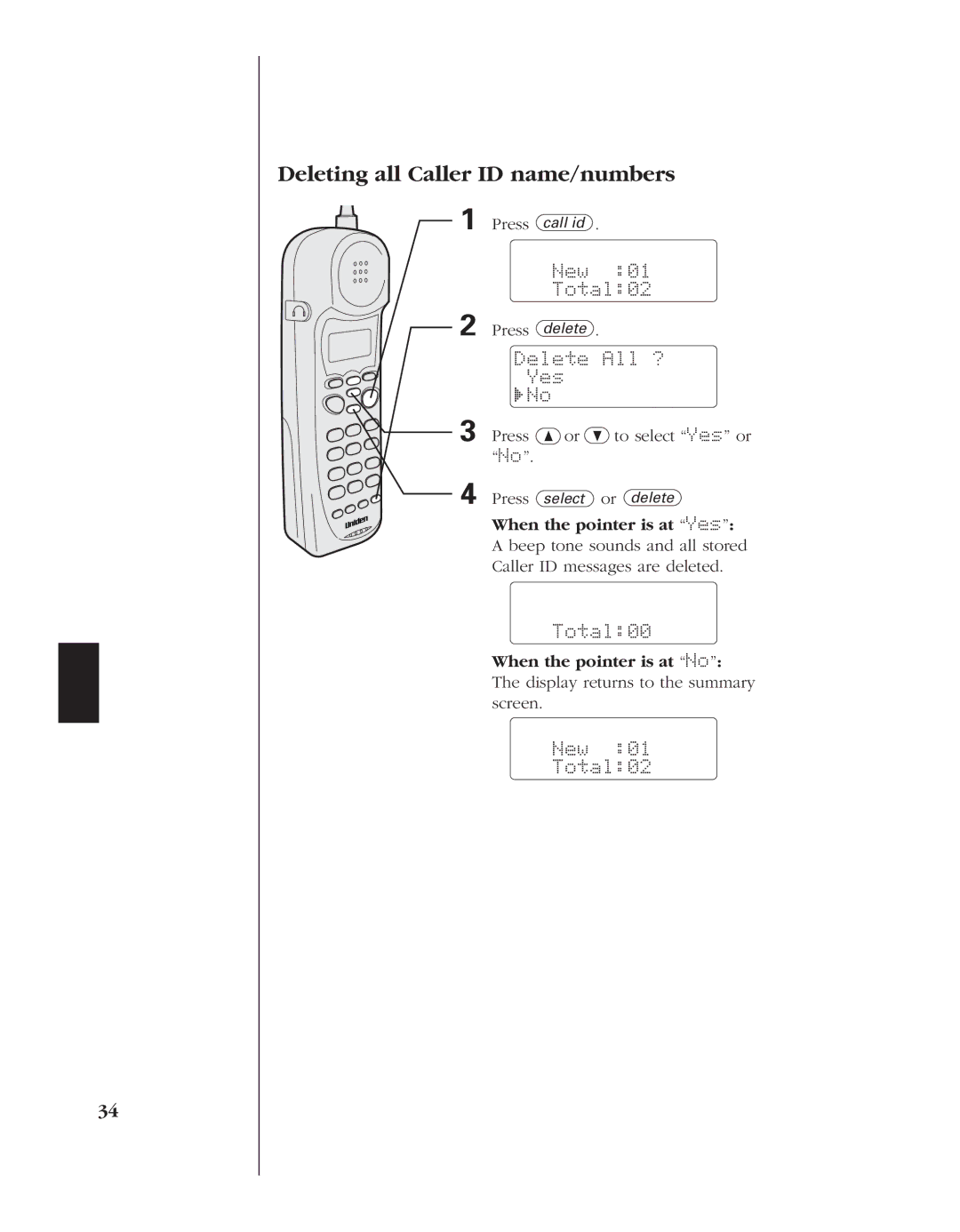 Uniden EXR 2480 manual Deleting all Caller ID name/numbers, New Total02, Delete All ? Yes, Total00 