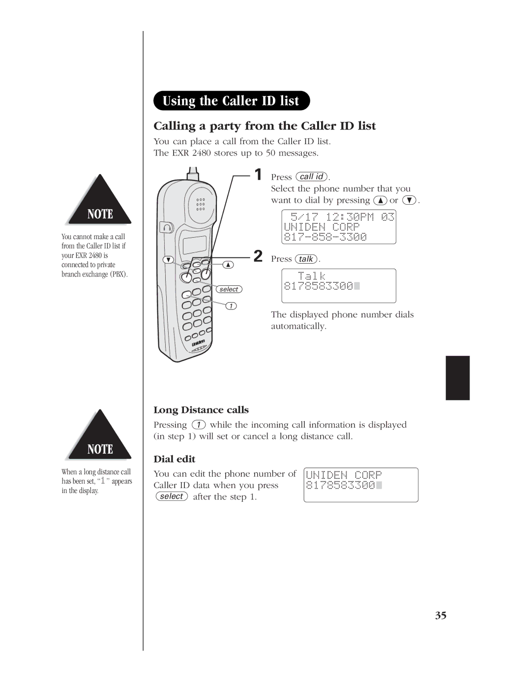 Uniden EXR 2480 manual Using the Caller ID list, Calling a party from the Caller ID list, 17 1230PM Uniden Corp 