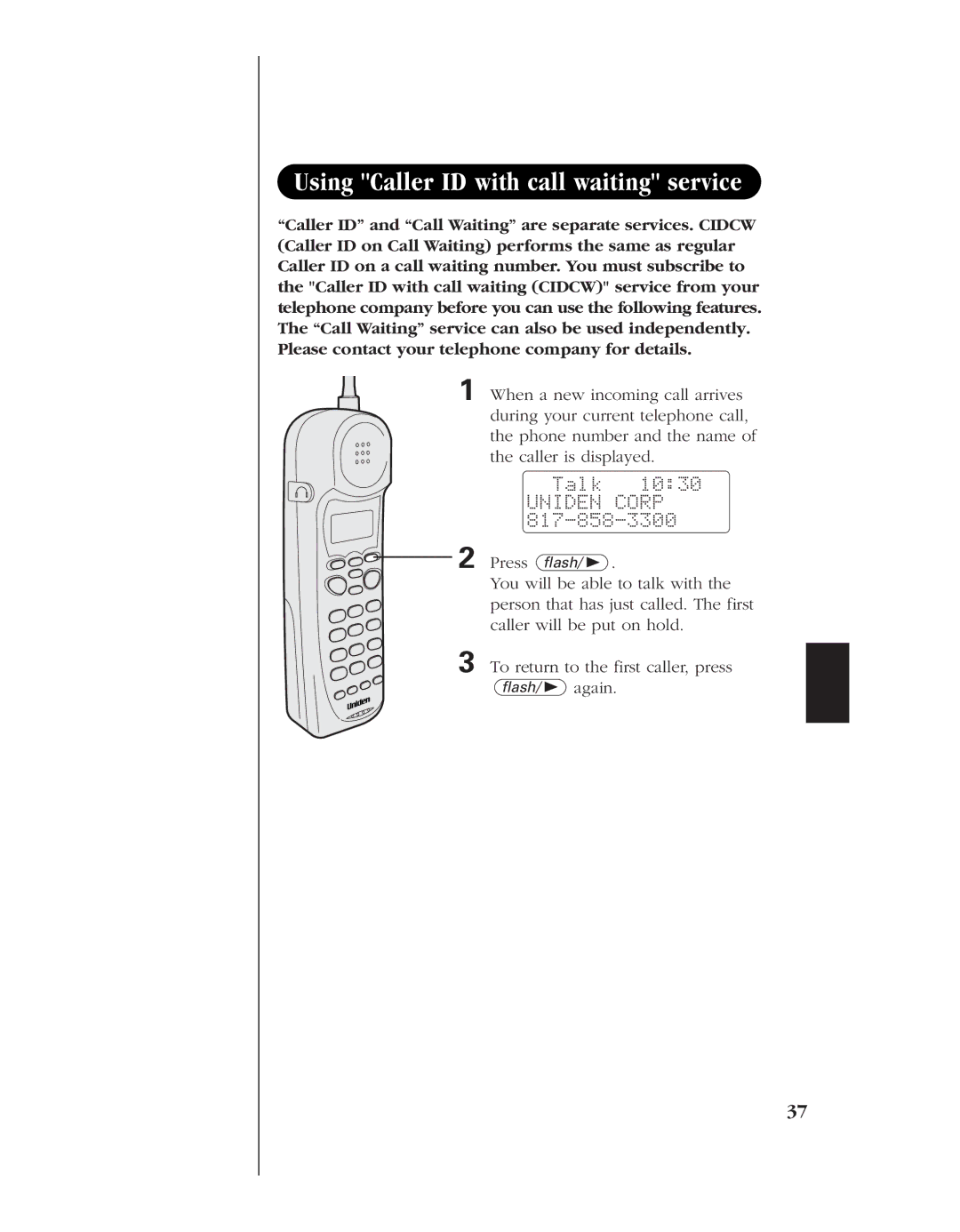 Uniden EXR 2480 manual Using Caller ID with call waiting service, Talk Uniden Corp 