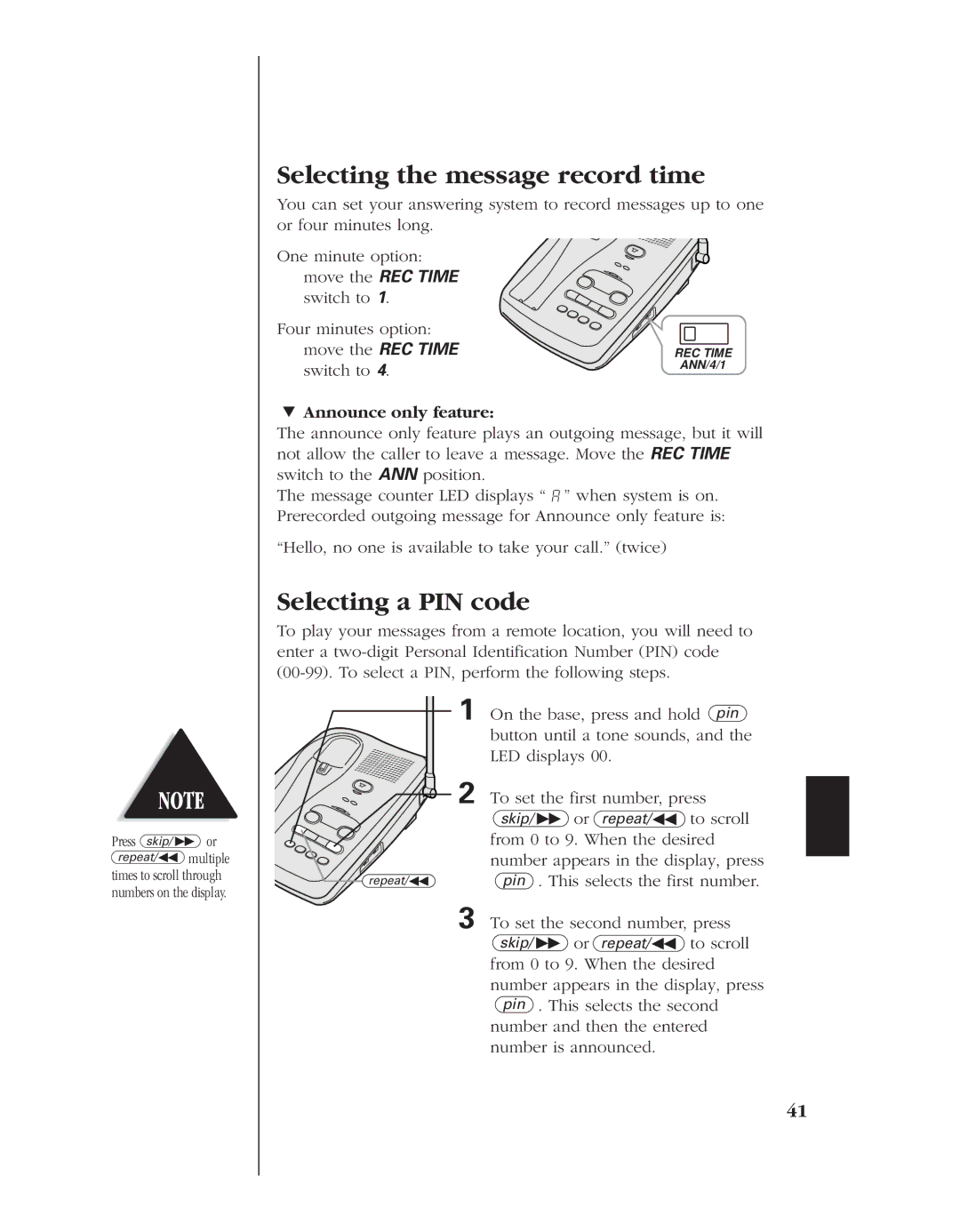 Uniden EXR 2480 manual Selecting the message record time, Selecting a PIN code, » Announce only feature 