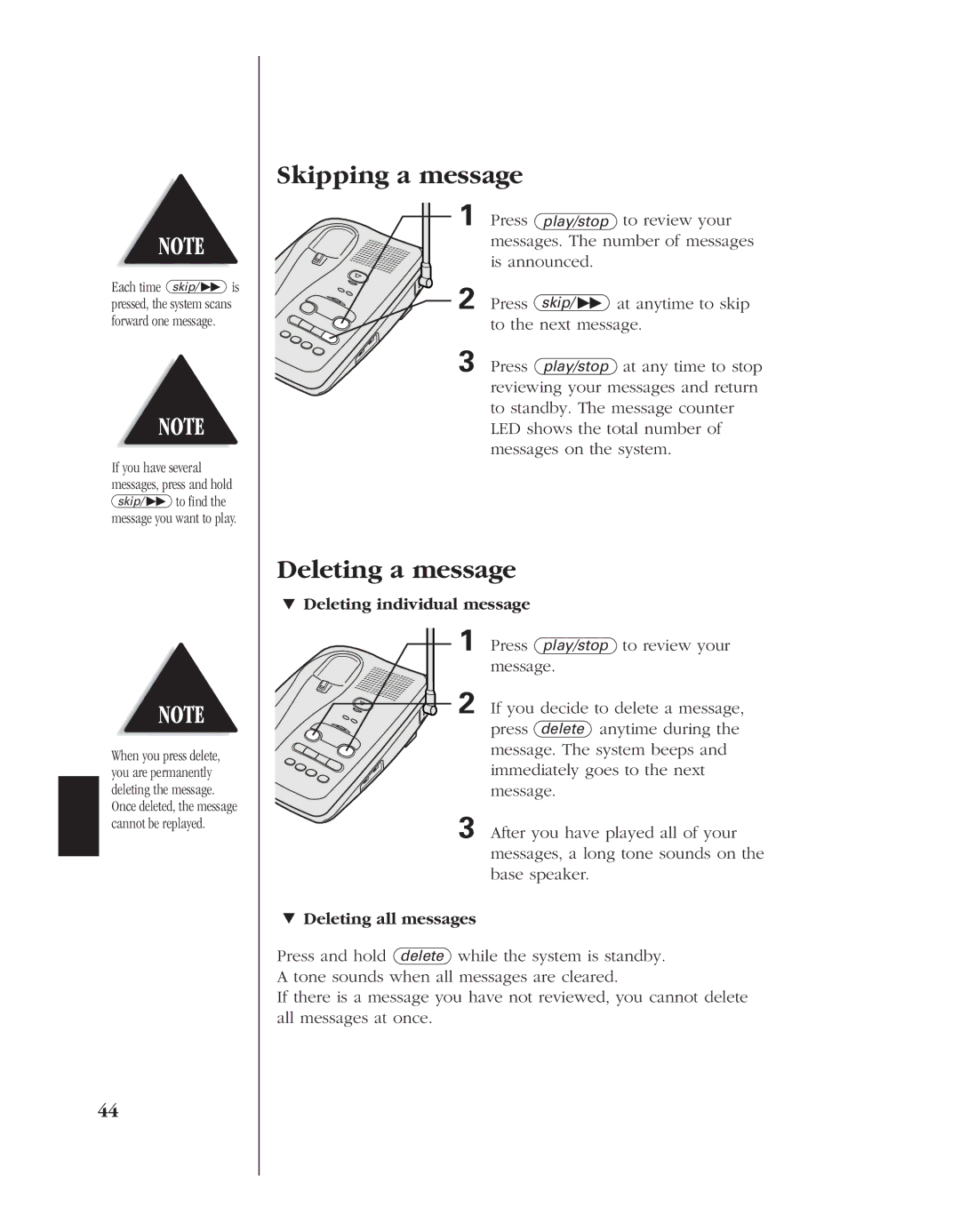 Uniden EXR 2480 manual Skipping a message, Deleting a message, » Deleting individual message, » Deleting all messages 