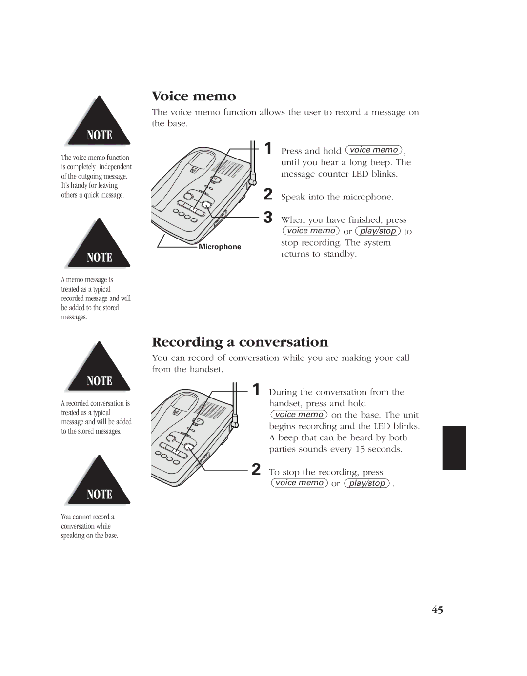 Uniden EXR 2480 manual Voice memo, Recording a conversation, Stop recording. The system, Returns to standby 