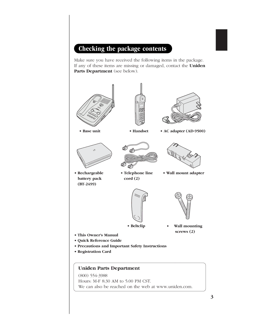 Uniden EXR 2480 manual Checking the package contents 