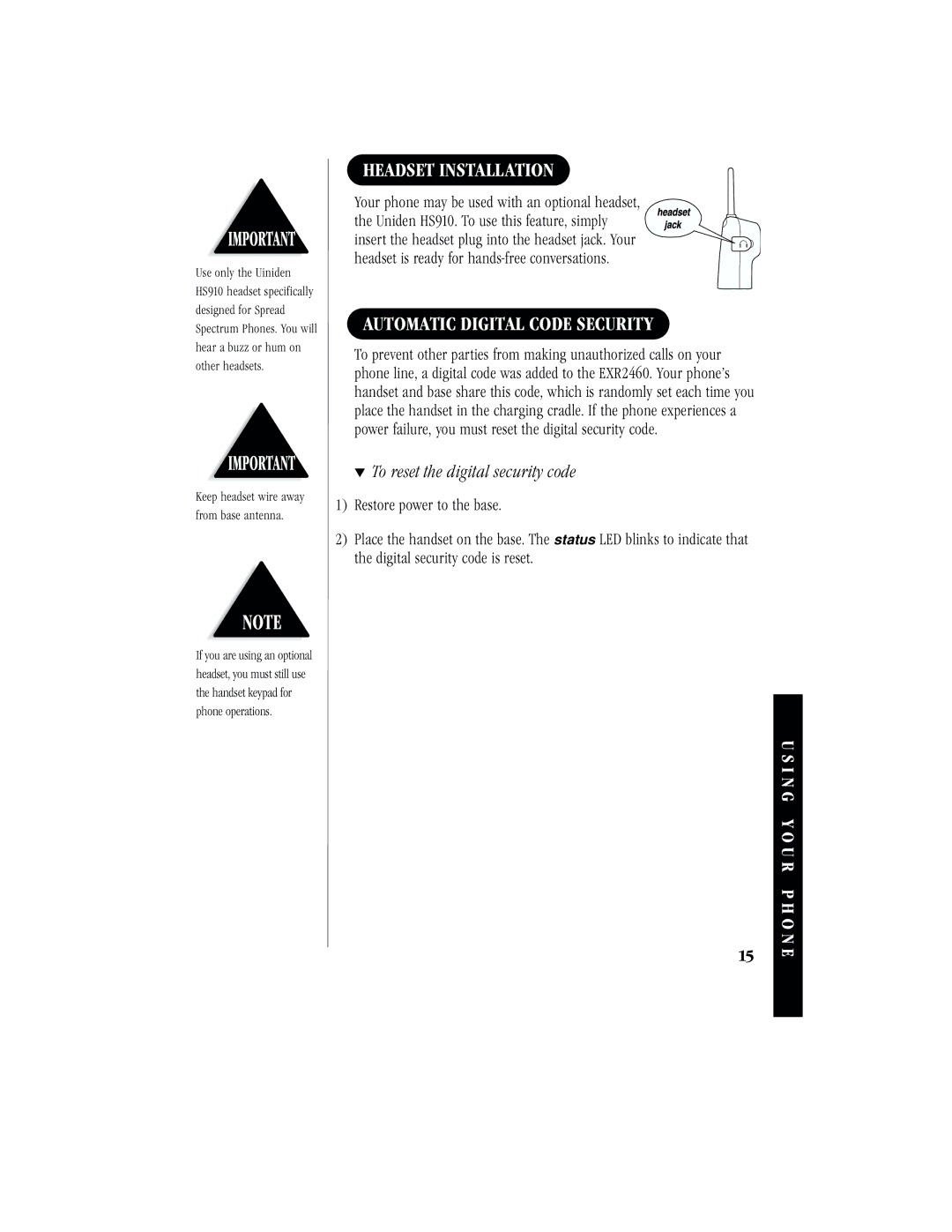 Uniden EXR2460 manual Headset Installation, Automatic Digital Code Security, To reset the digital security code 