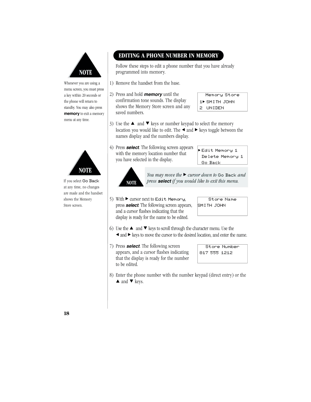 Uniden EXR2460 manual Editing a Phone Number in Memory, You have selected in the display, With cursor next to Edit Memory 