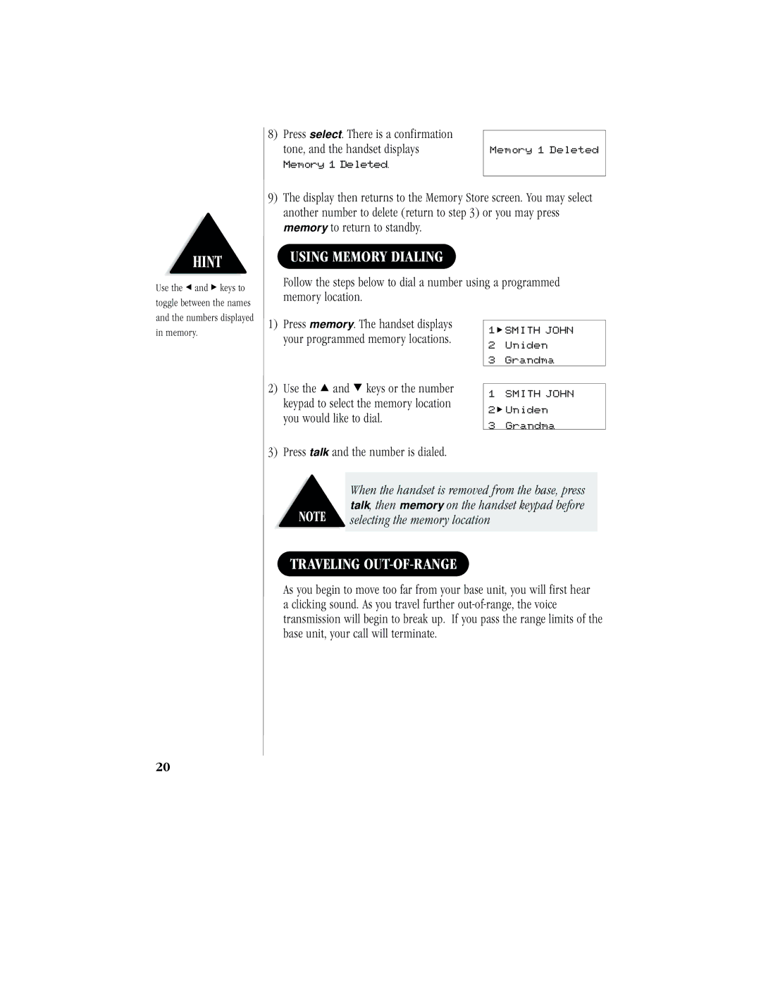 Uniden EXR2460 manual Using Memory Dialing, Traveling OUT-OF-RANGE, Your programmed memory locations 