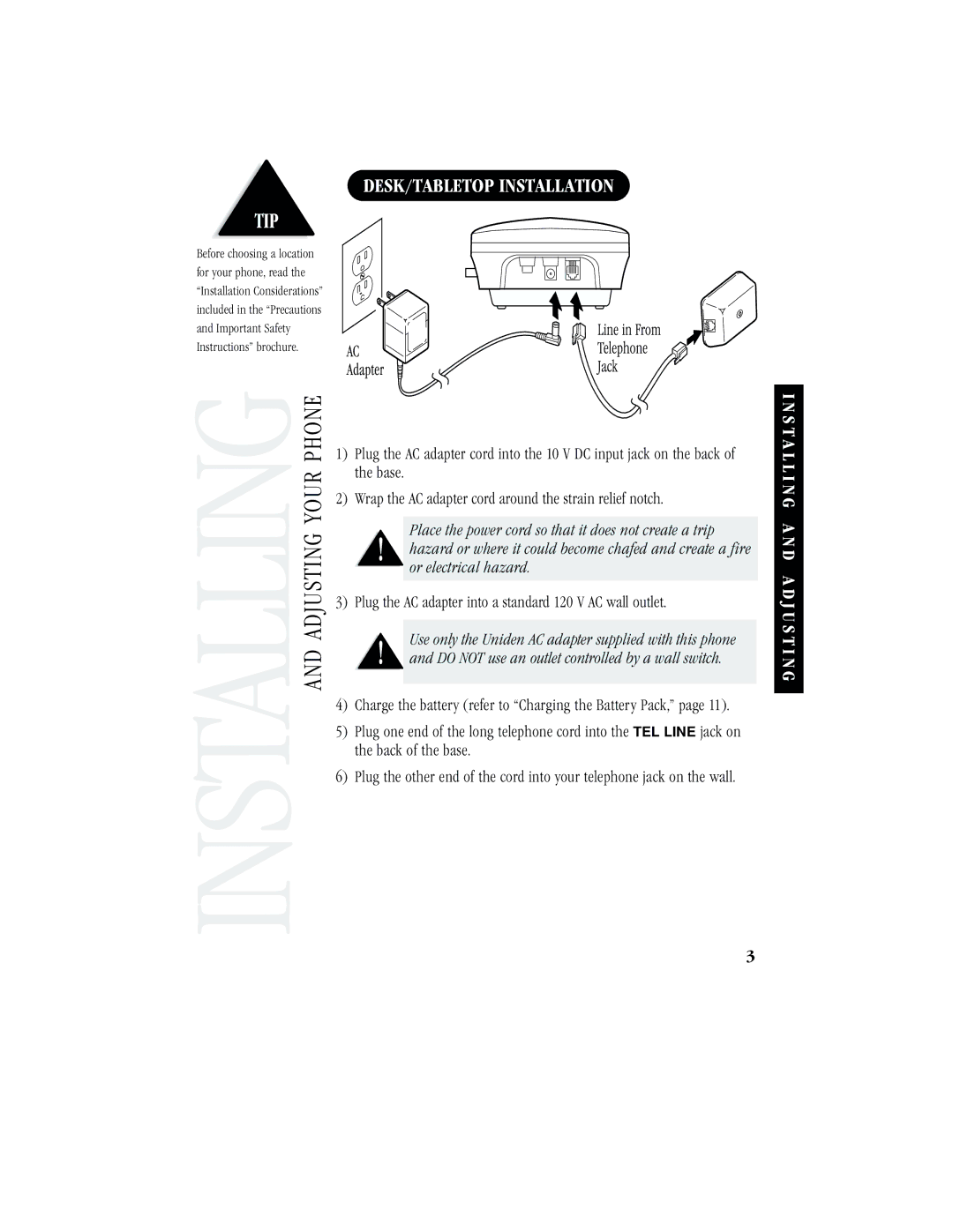 Uniden EXR2460 manual DESK/TABLETOP Installation, Wrap the AC adapter cord around the strain relief notch, Back of the base 