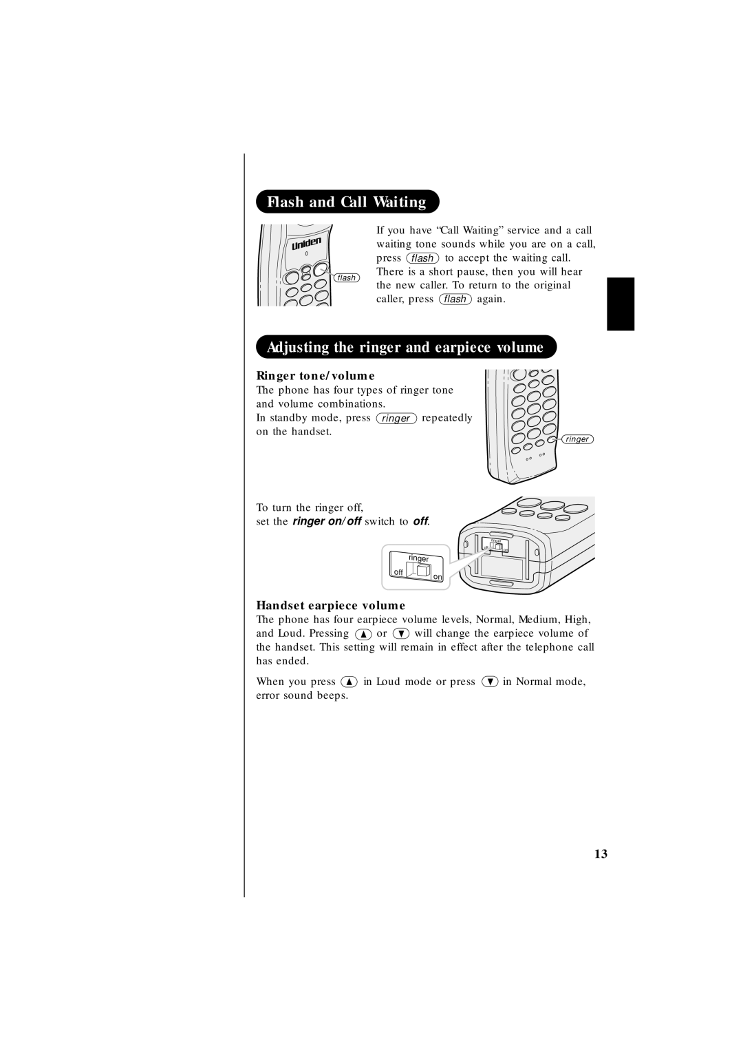 Uniden EXS 2010 manual Flash and Call Waiting, Adjusting the ringer and earpiece volume 