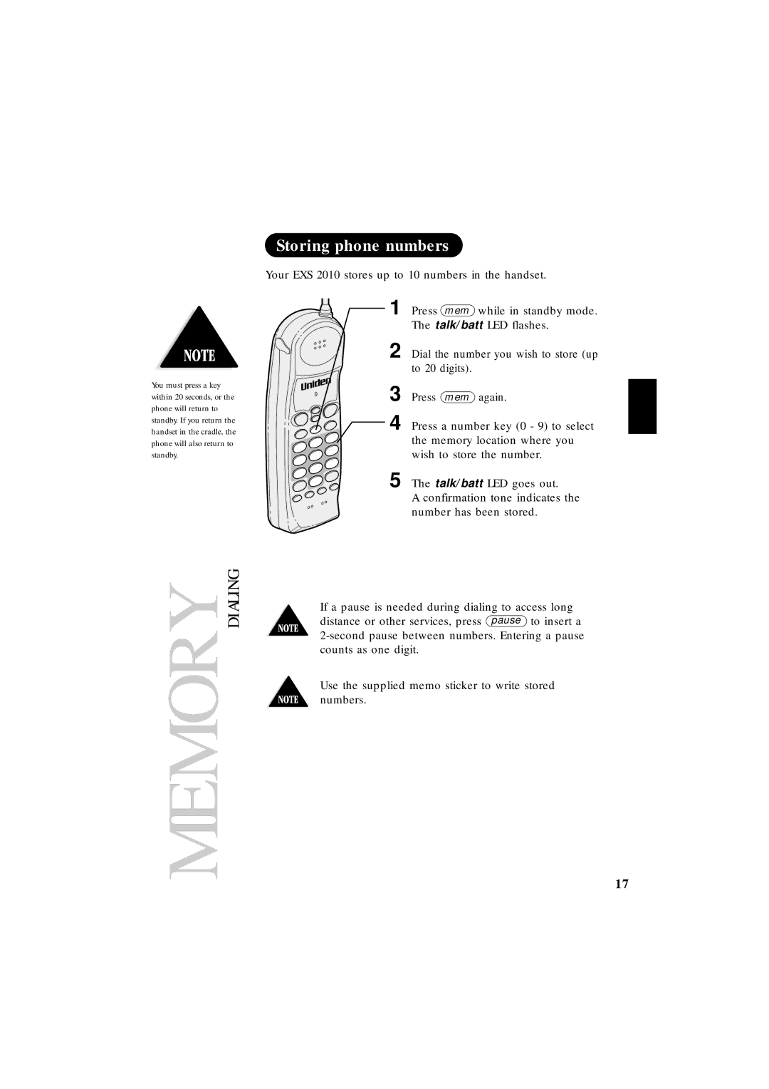 Uniden EXS 2010 manual Storing phone numbers 