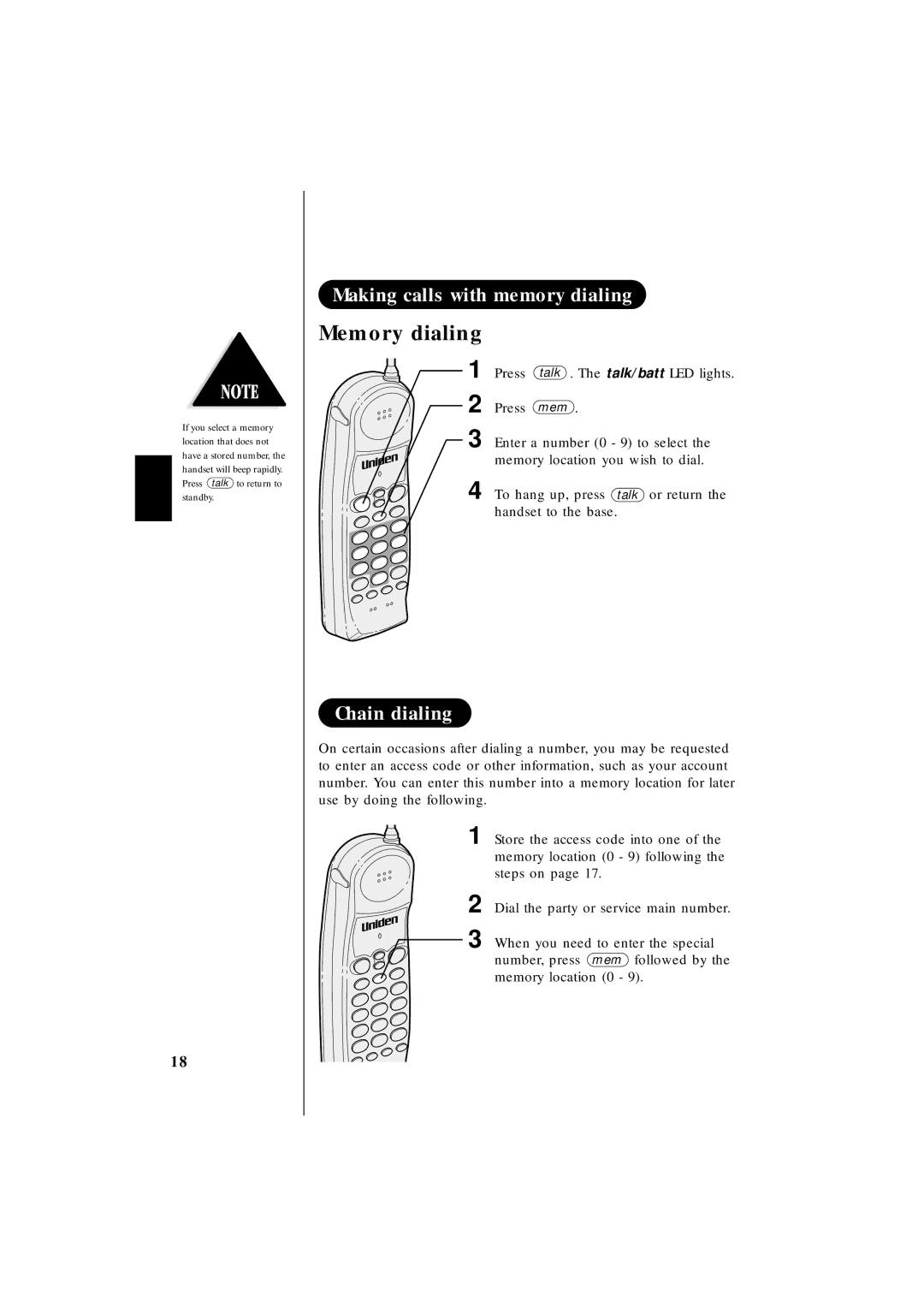 Uniden EXS 2010 manual Making calls with memory dialing Memory dialing, Chain dialing 