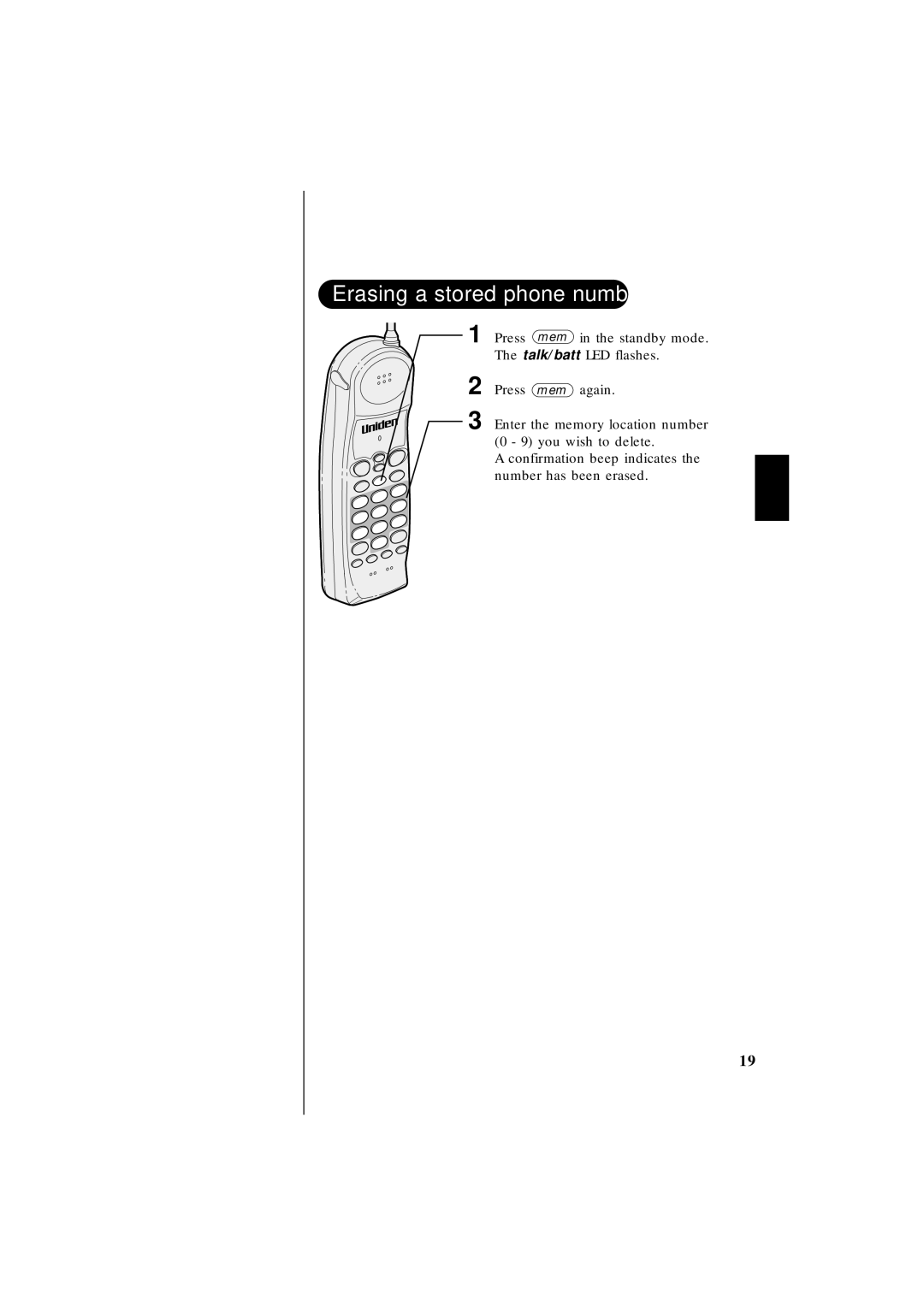 Uniden EXS 2010 manual Erasing a stored phone number 