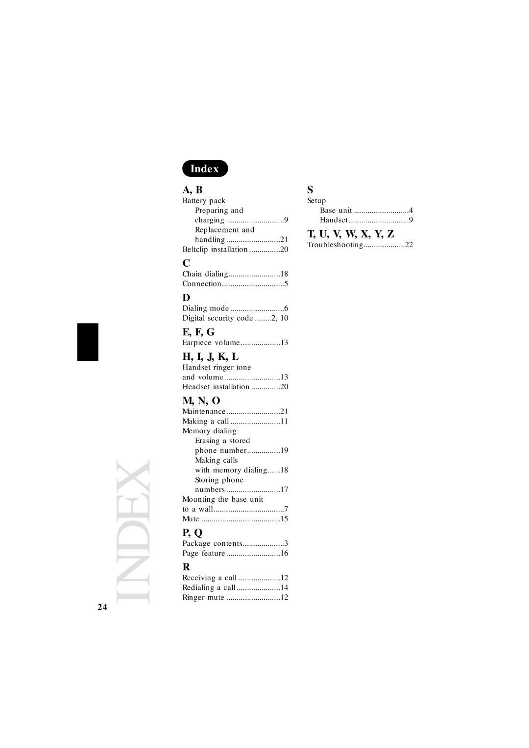 Uniden EXS 2010 manual Index, J, K, L, V, W, X, Y, Z 