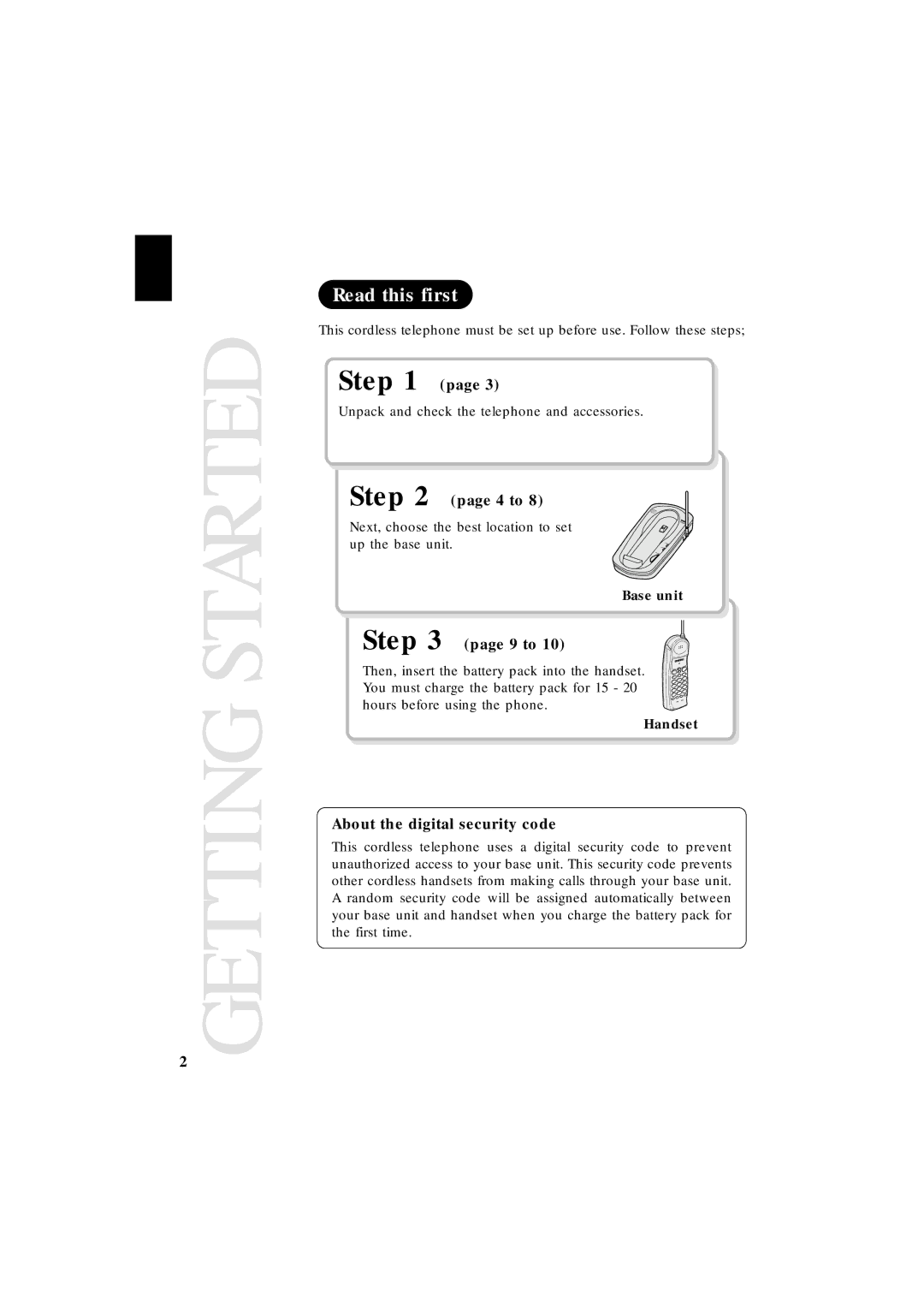 Uniden EXS 2010 manual Read this first, Base unit, Handset 