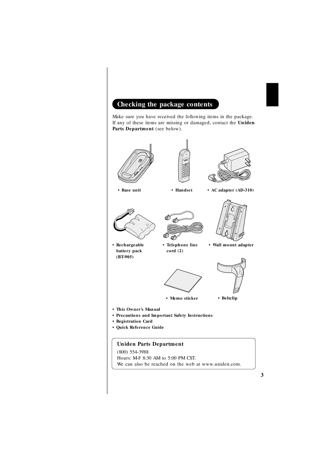 Uniden EXS 2010 manual Checking the package contents 