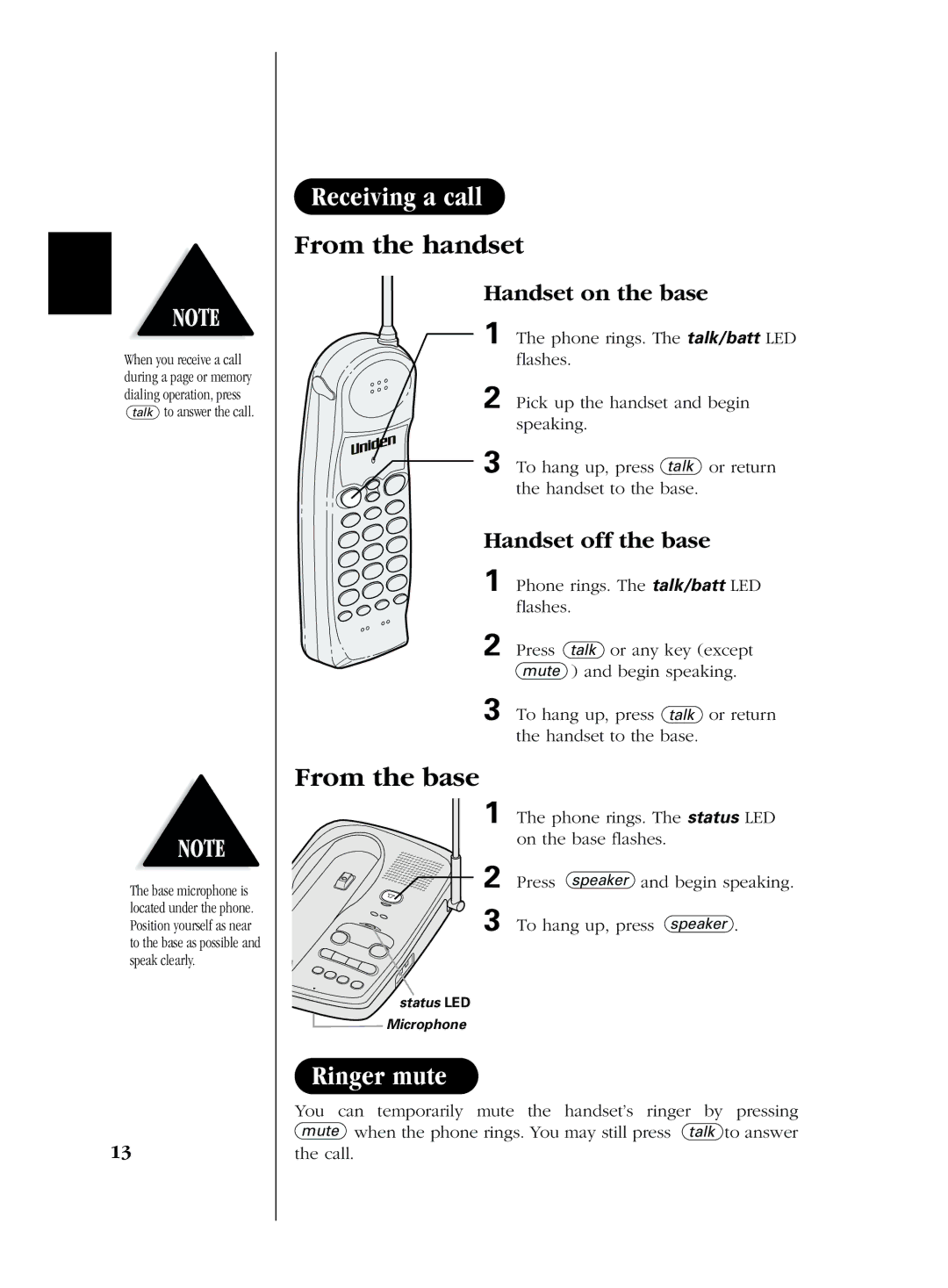 Uniden EXS 2050 manual Receiving a call, From the handset, From the base, Ringer mute 