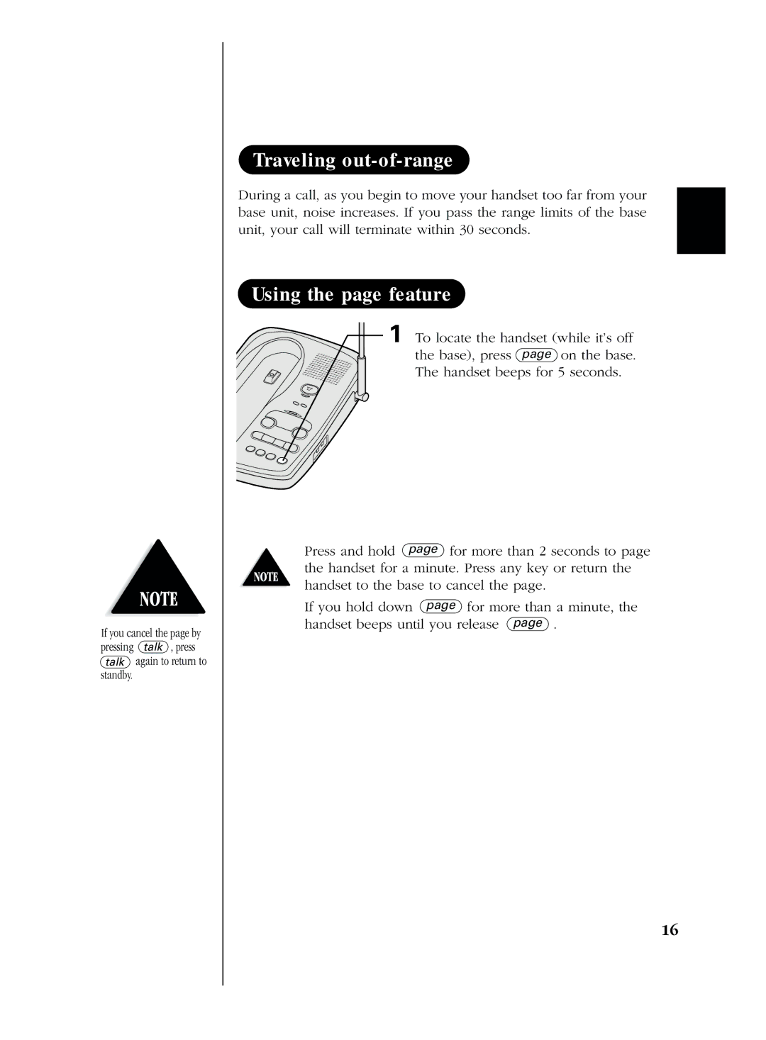 Uniden EXS 2050 manual Traveling out-of-range, Using the page feature 