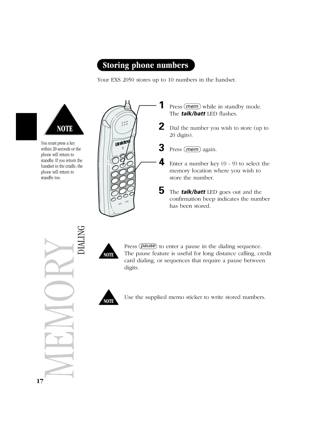 Uniden EXS 2050 manual Storing phone numbers 