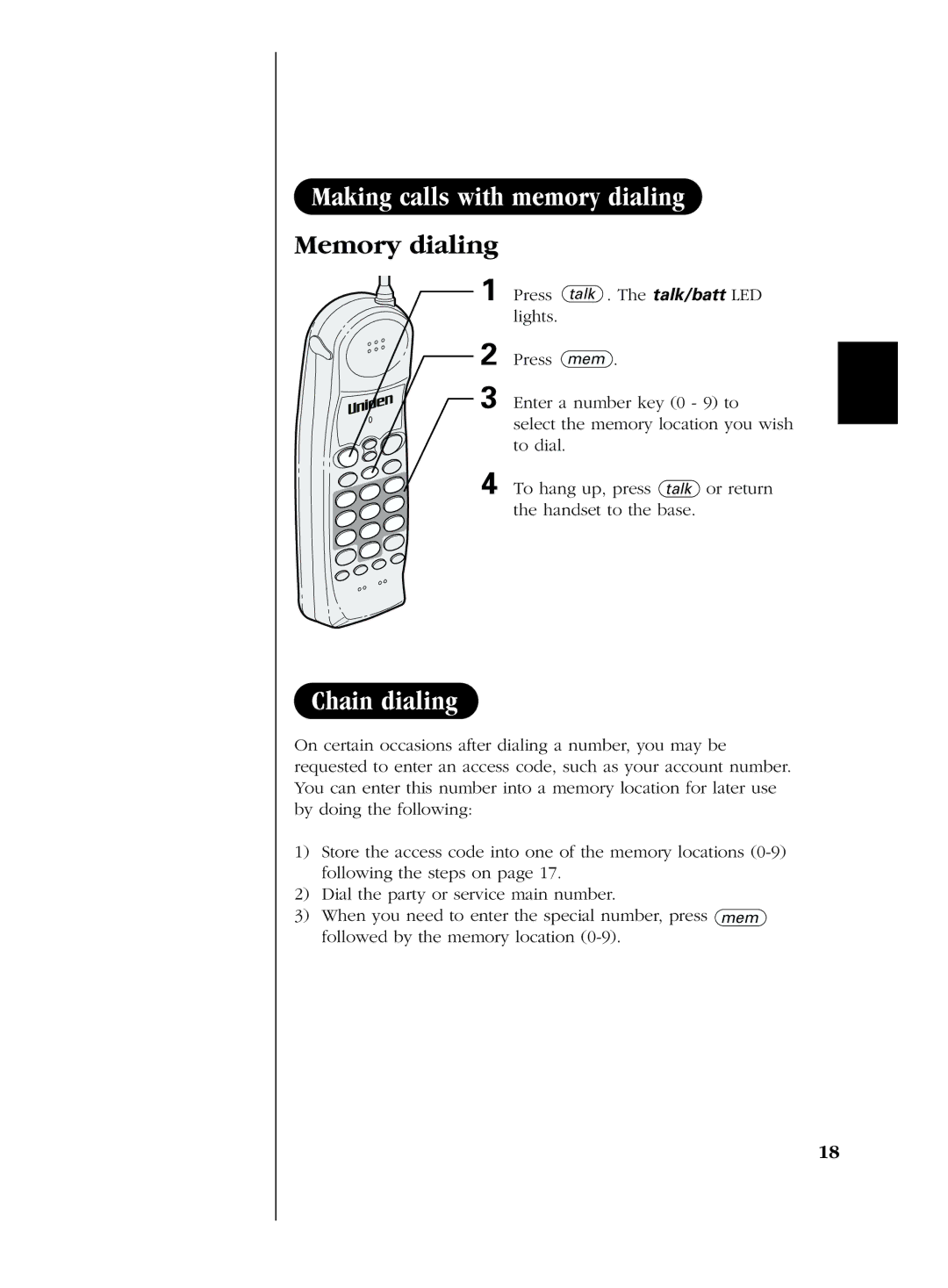 Uniden EXS 2050 manual Making calls with memory dialing Memory dialing, Chain dialing 