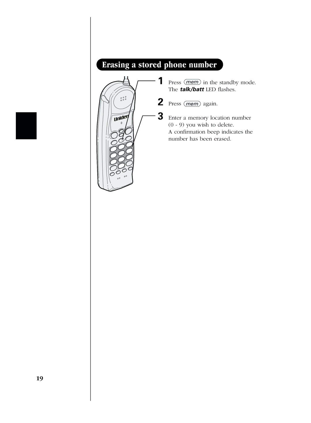 Uniden EXS 2050 manual Erasing a stored phone number 