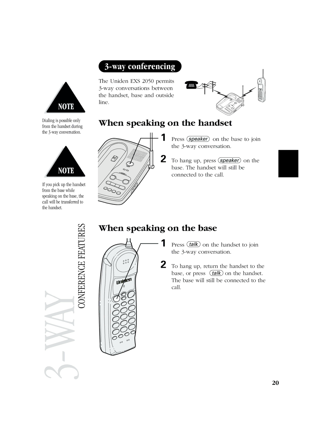 Uniden EXS 2050 manual Way conferencing, When speaking on the handset, When speaking on the base 