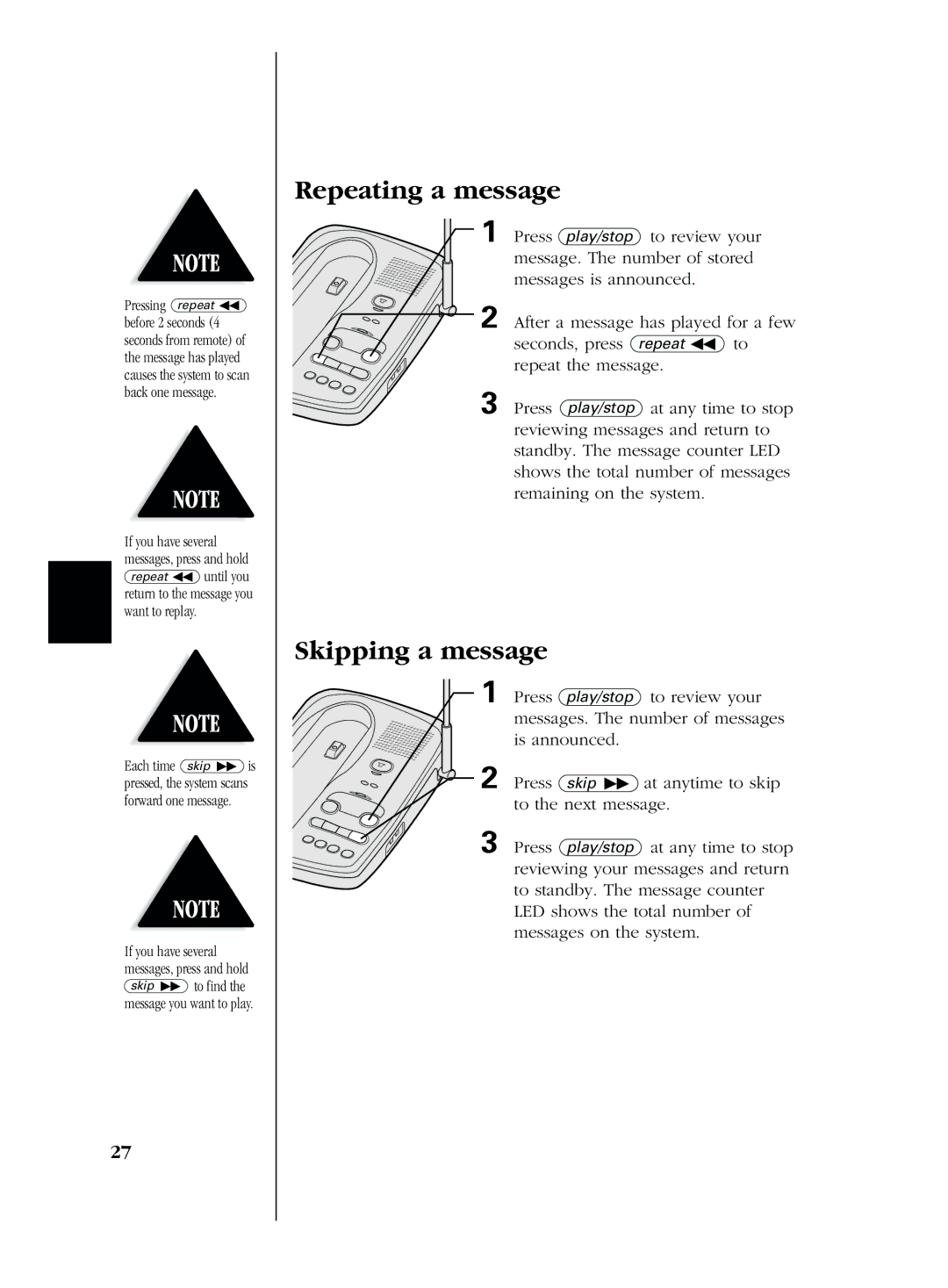 Uniden EXS 2050 manual Repeating a message, Skipping a message 