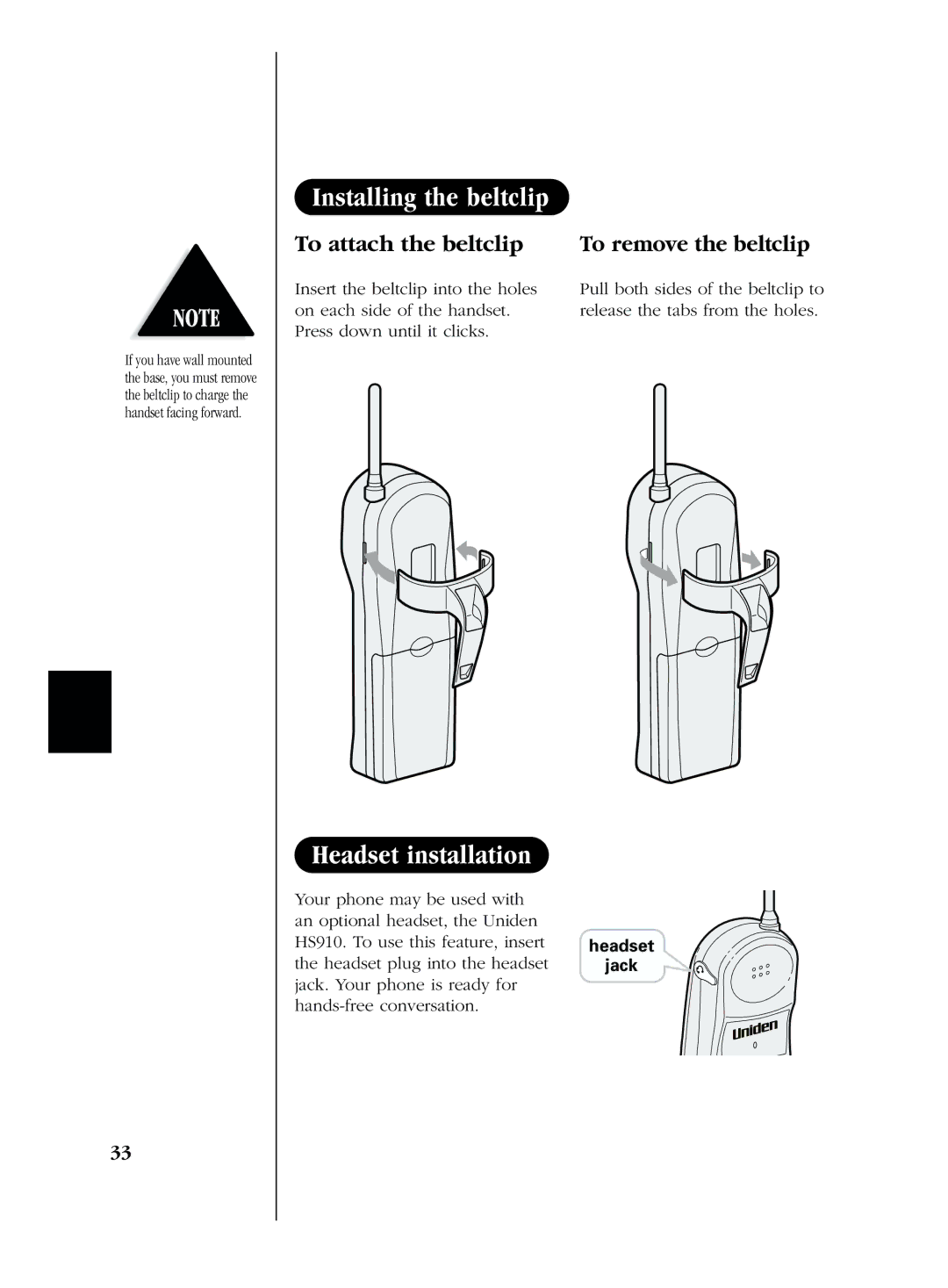 Uniden EXS 2050 manual Installing the beltclip, Headset installation, To attach the beltclip, To remove the beltclip 