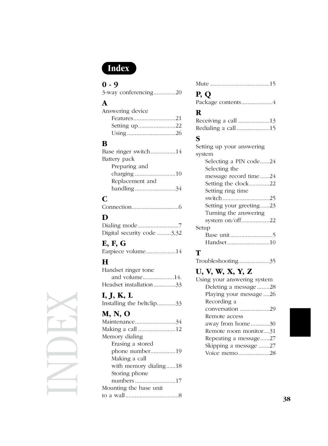 Uniden EXS 2050 manual Index, K, L, W, X, Y, Z 
