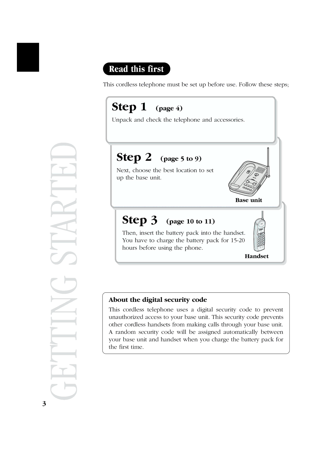 Uniden EXS 2050 manual Read this first, Base unit, Handset 