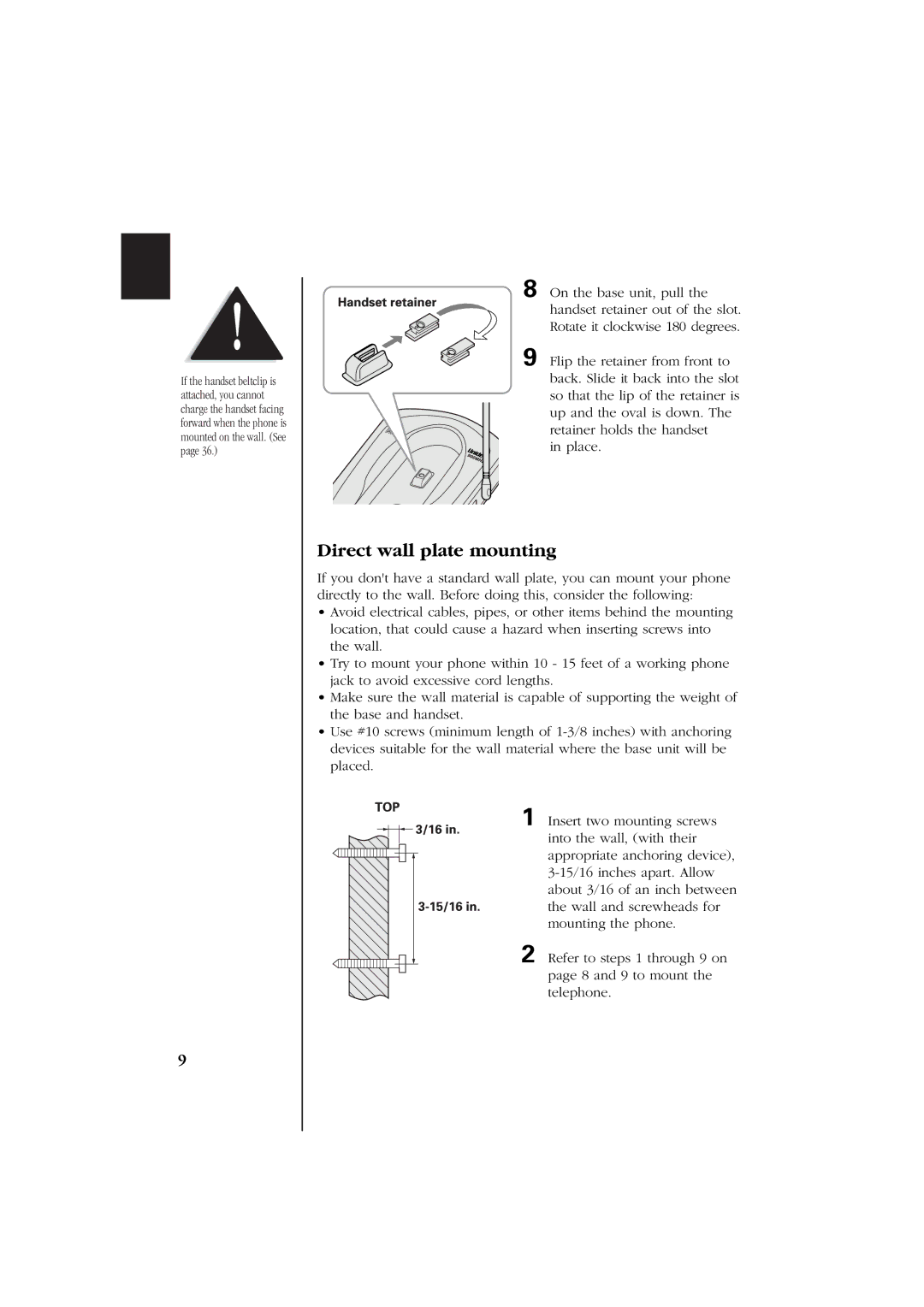 Uniden EXS 2060 manual Direct wall plate mounting 