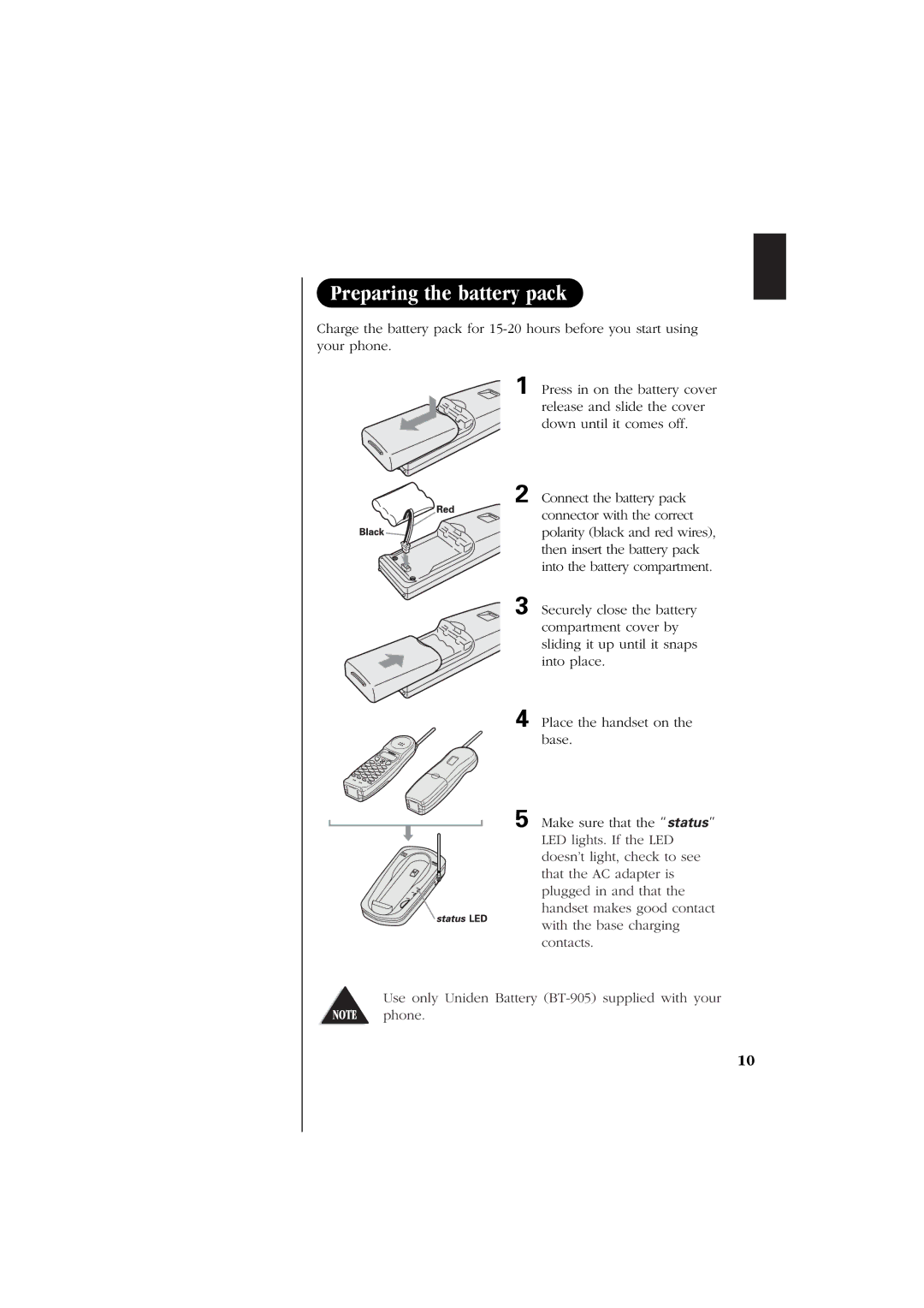 Uniden EXS 2060 manual Preparing the battery pack 