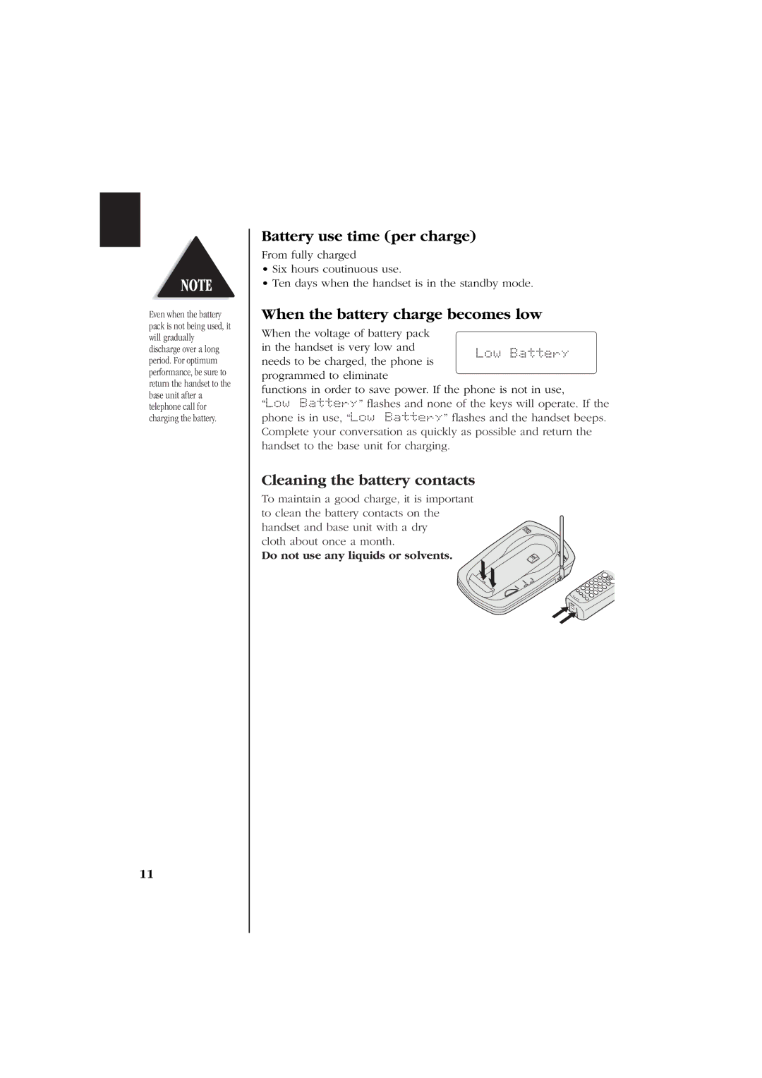 Uniden EXS 2060 manual Battery use time per charge, When the battery charge becomes low, Cleaning the battery contacts 