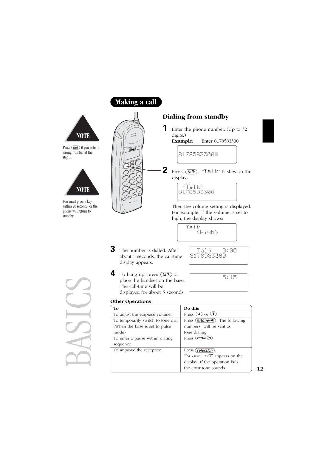 Uniden EXS 2060 manual Dialing from standby, Example, Other Operations 