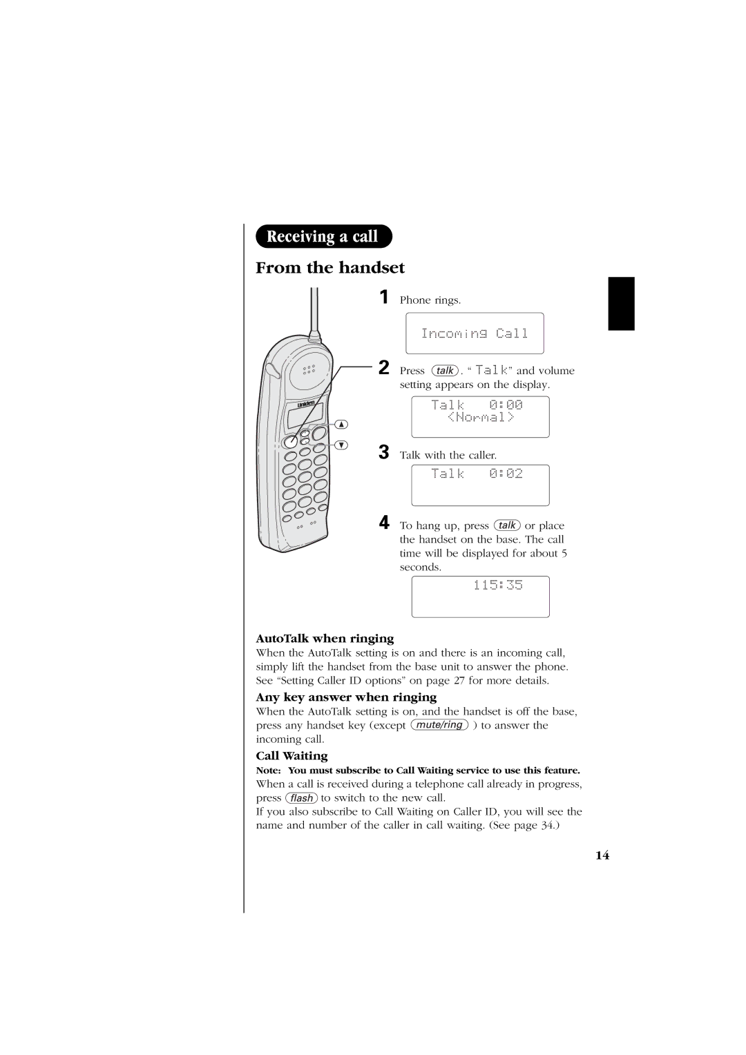 Uniden EXS 2060 manual AutoTalk when ringing, Any key answer when ringing, Call Waiting 