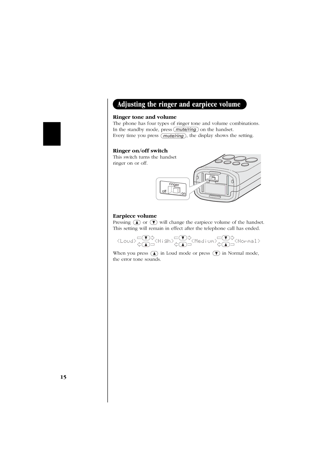 Uniden EXS 2060 manual Ringer tone and volume, Ringer on/off switch, Earpiece volume 