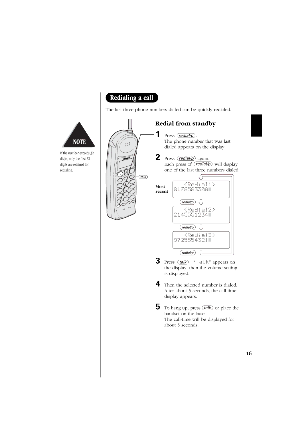 Uniden EXS 2060 manual Redial from standby, Redial2 Redial3 