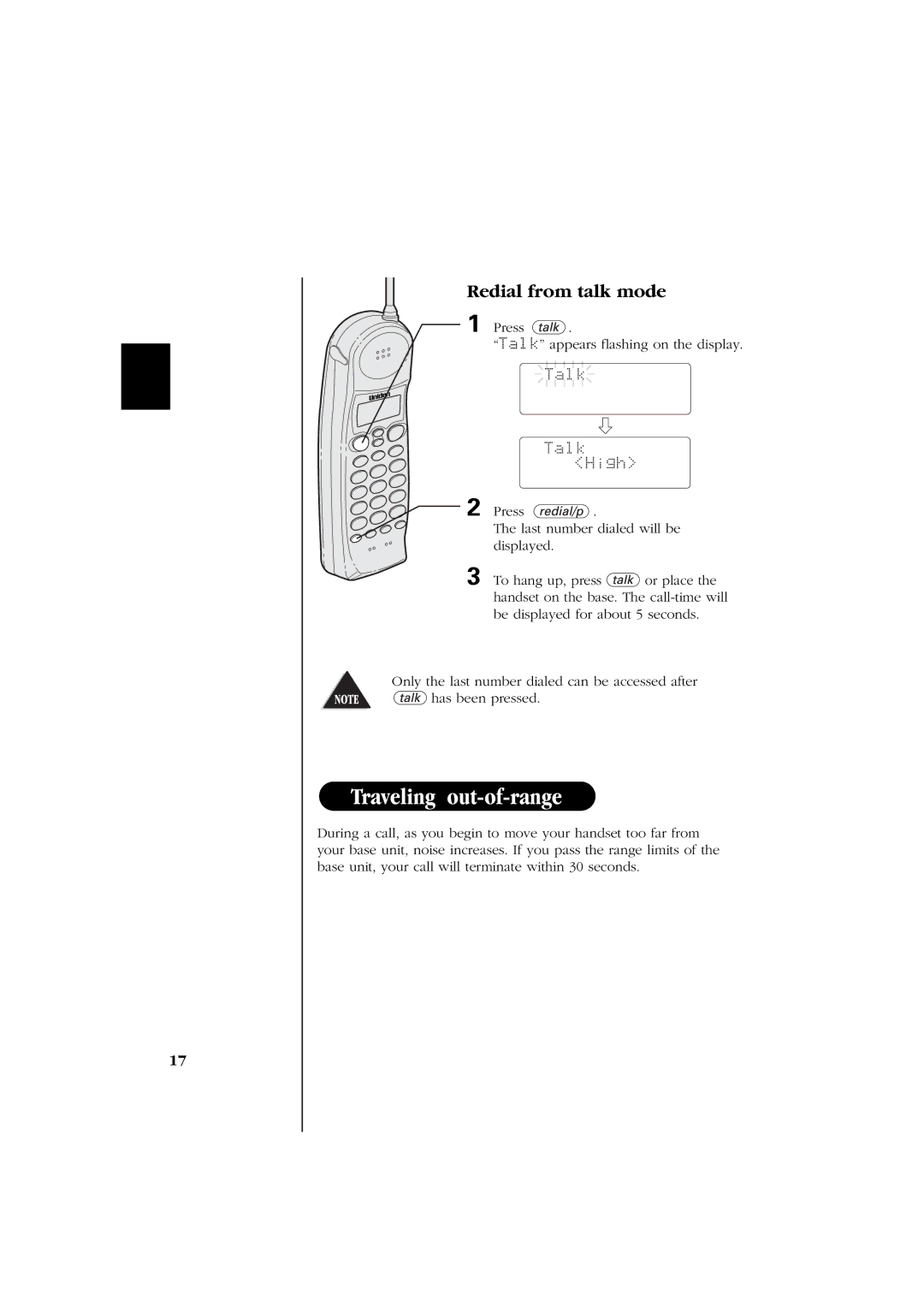 Uniden EXS 2060 manual Redial from talk mode, High 