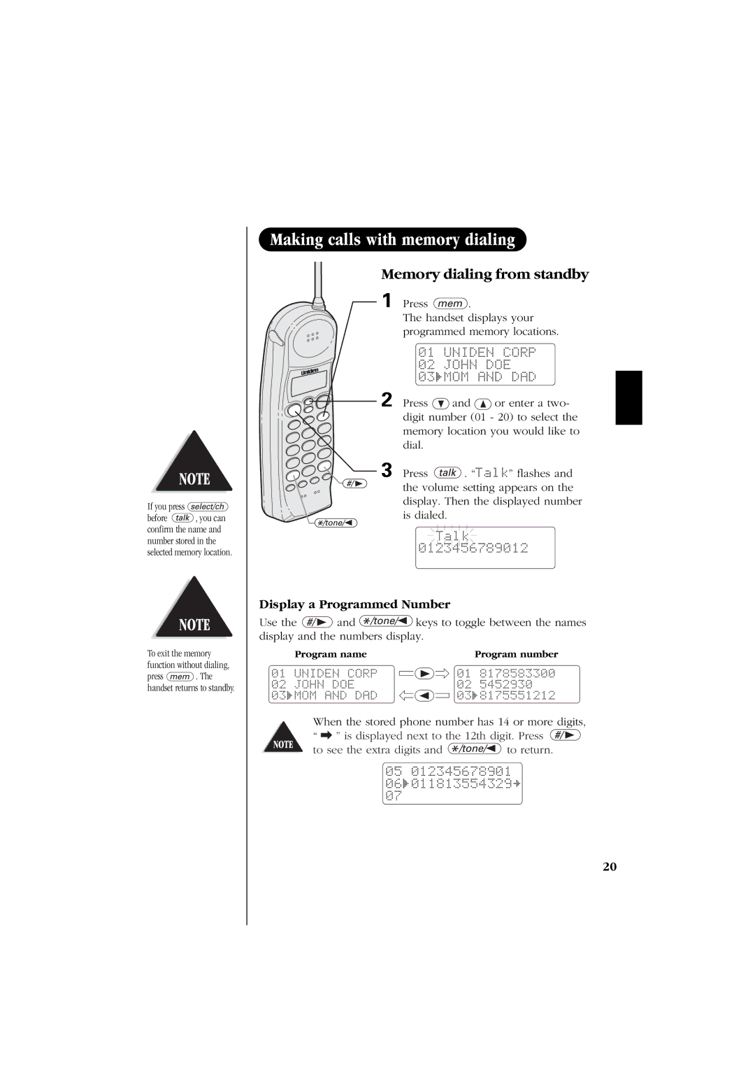 Uniden EXS 2060 manual Memory dialing from standby, Display a Programmed Number 