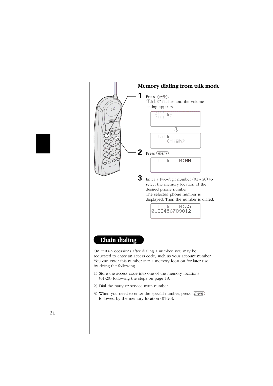 Uniden EXS 2060 manual Memory dialing from talk mode, Talk Talk High, Talk 035 