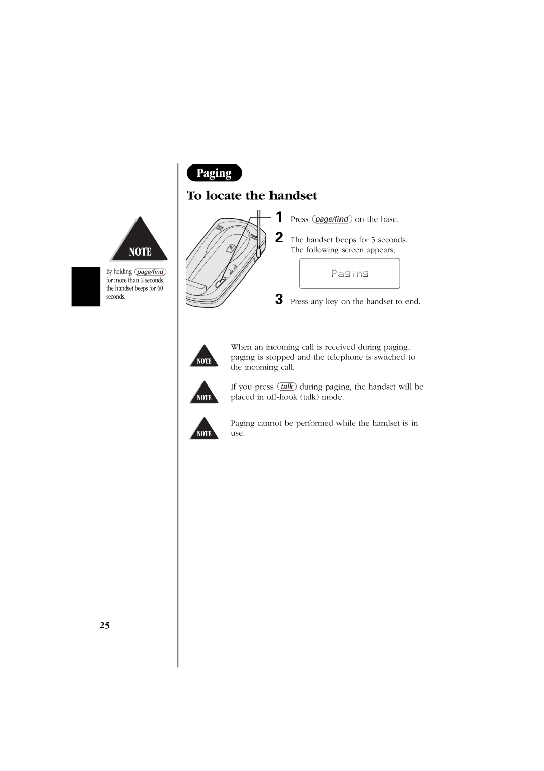 Uniden EXS 2060 manual To locate the handset, Paging 