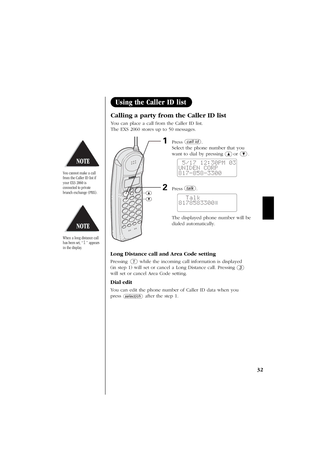 Uniden EXS 2060 manual Calling a party from the Caller ID list, Long Distance call and Area Code setting, Dial edit 