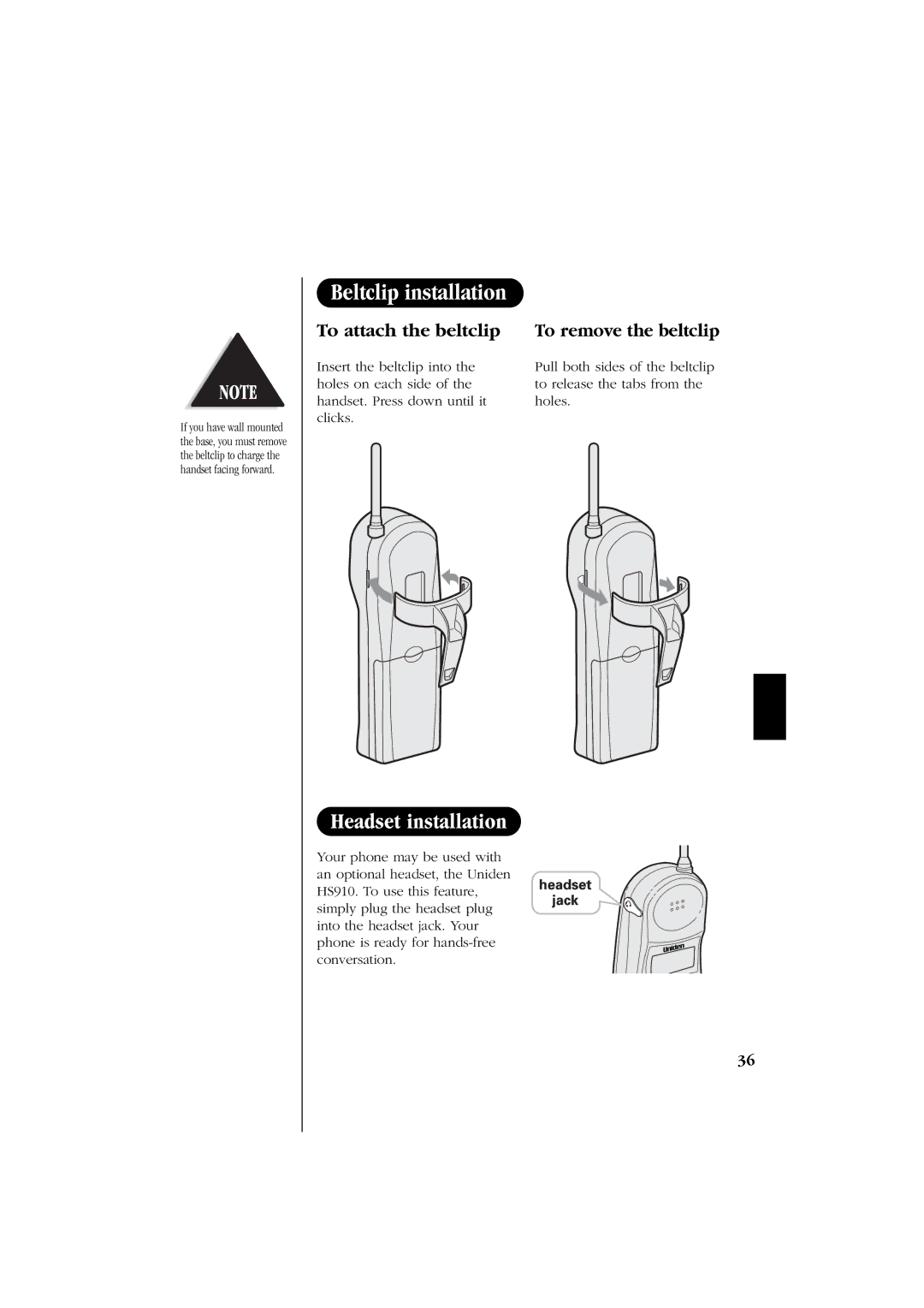 Uniden EXS 2060 manual Beltclip installation, To attach the beltclip To remove the beltclip 