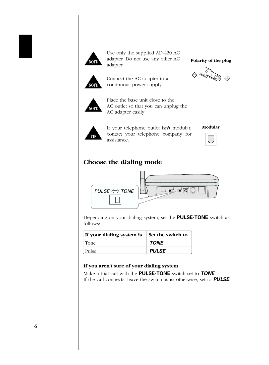 Uniden EXS 2080 manual Choose the dialing mode, Contact your telephone company for Assistance, Pulse 